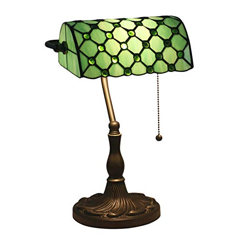 Vintage Tiffany Style Green Glass Banker Lamp - LED Desk Light with Art Glass Beads for Reading, Office, Bedroom, Restaurant & Hotel Decor