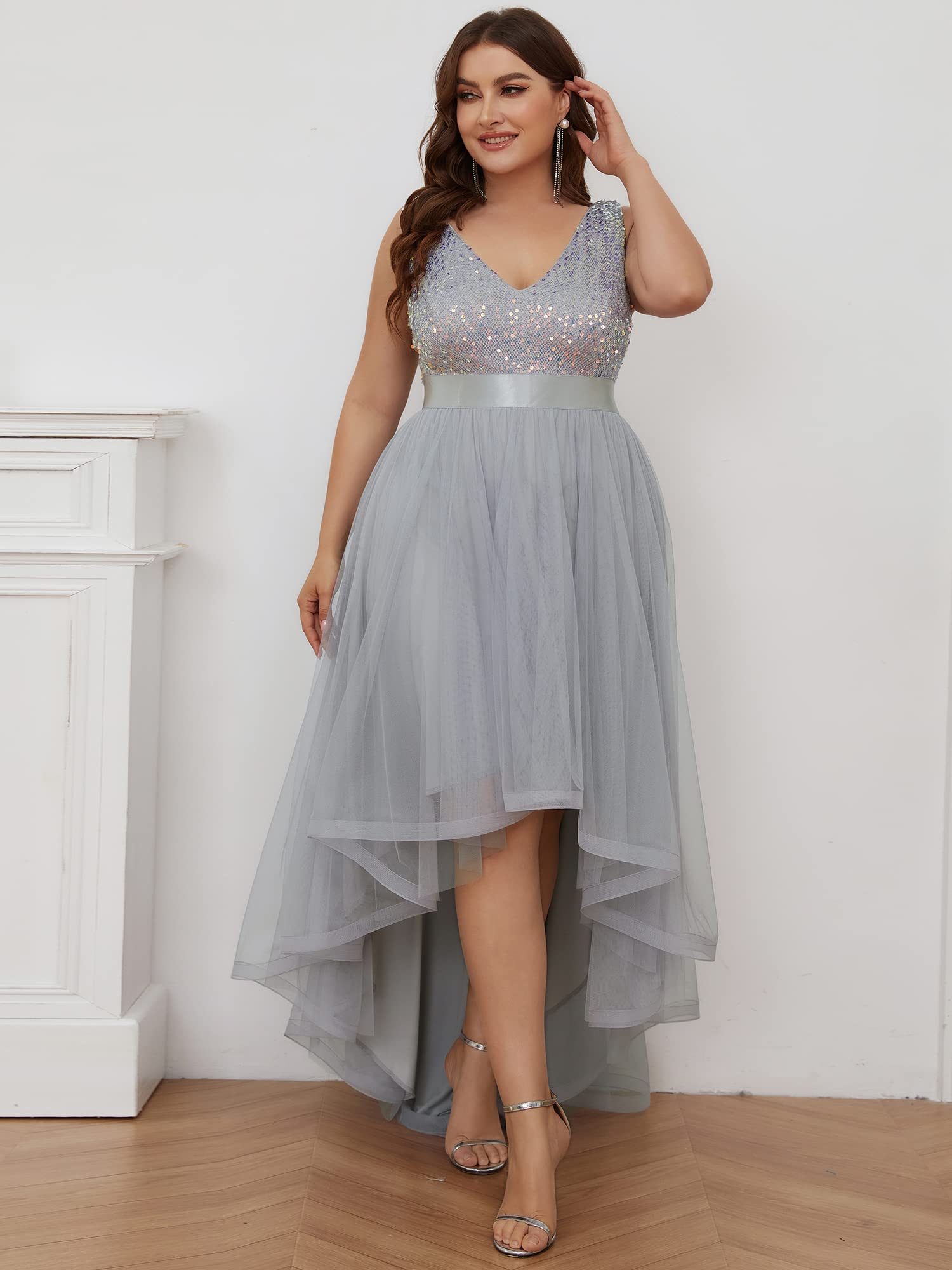 Ever-Pretty Women's Plus Size Double V-Neck A-Line High-Low Sequin Tulle Formal Dress 0147A-DA for Curvy Women - Perfect for Prom, Evening Gala, Wedding Guest & Special Occasions