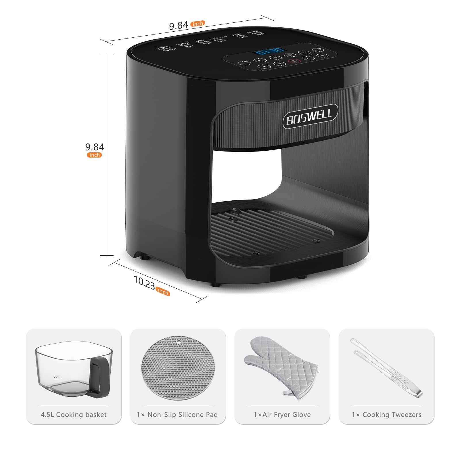 BOSWELL 4.5QT Glass Air Fryer with Transparent Bowl - Non-Toxic, Large Capacity, Circulating Heating & Temperature Control - Dishwasher Safe (Black) - Perfect for Healthy Cooking, Roasting, Baking & Frying at Home