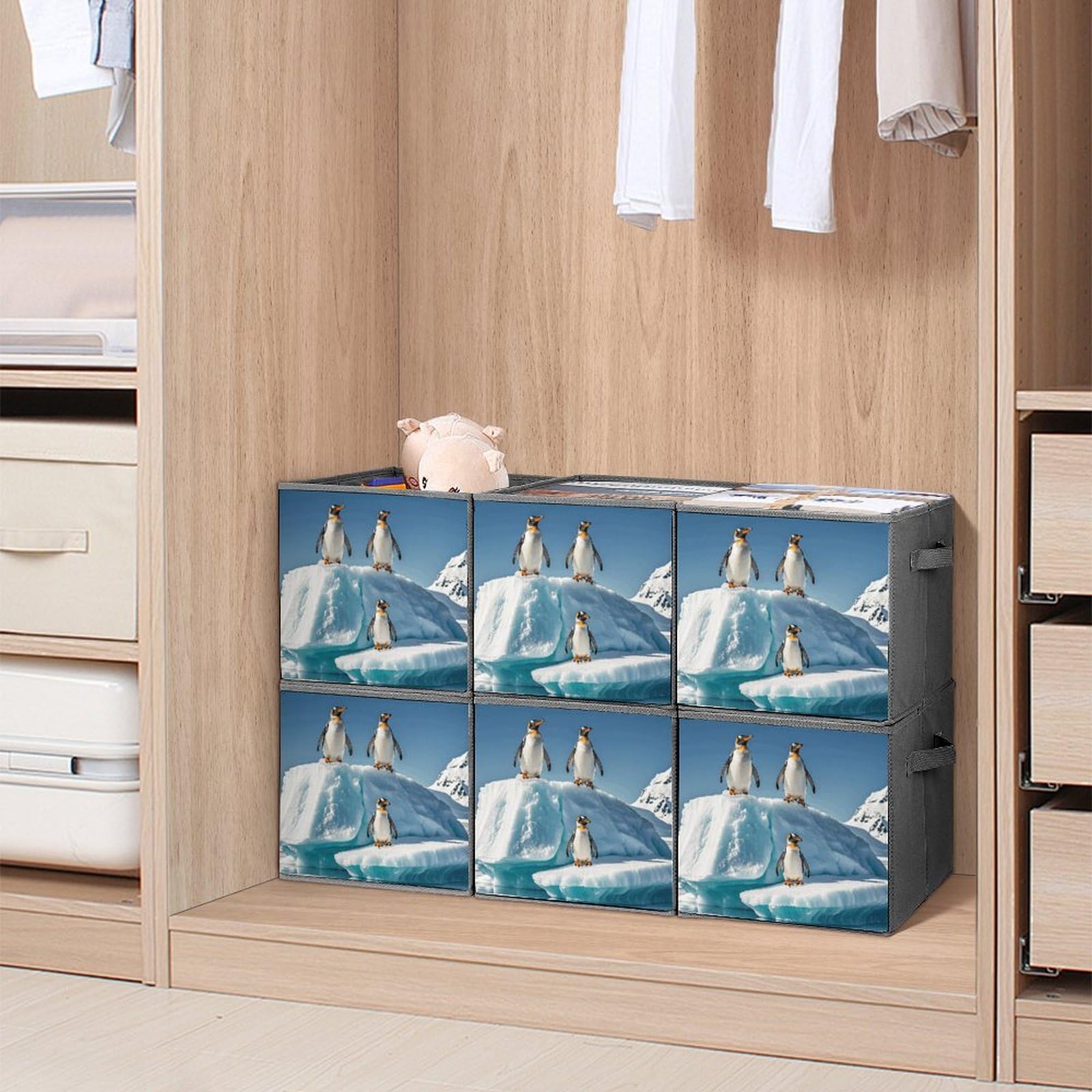 6PCS Collapsible Storage Bins with Handles - Penguin on Iceberg Printed Foldable Organizing Boxes for Home, Kitchen, Bathroom & Office - Space Saving Storage Containers for Shelves, Closet & Pantry Organization