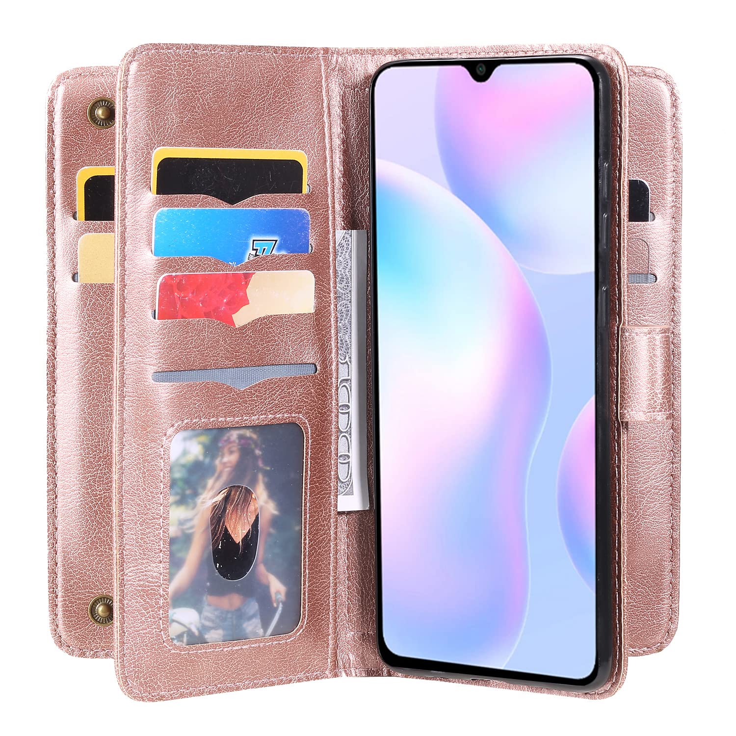 Xiaomi Redmi 9A/9i Wallet Case with Tempered Glass Screen Protector - Flip Cover Credit Card Holder & Folio Purse Phone Case (Rose Gold) | Perfect for Daily Use, Travel & Business Meetings