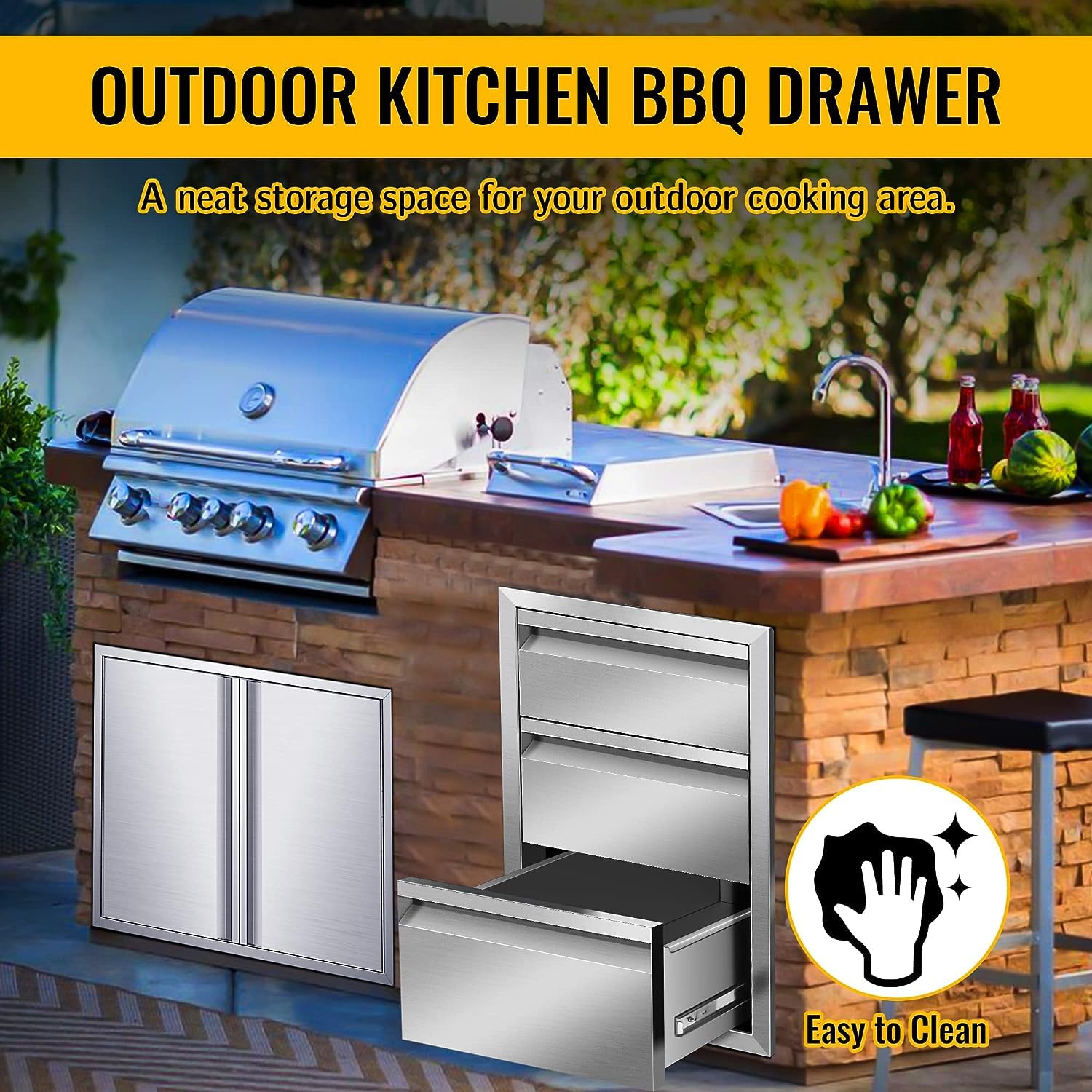 Premium Stainless Steel BBQ Drawer for Outdoor Kitchen - Single Flush Mount Storage Cabinet with Handles (14