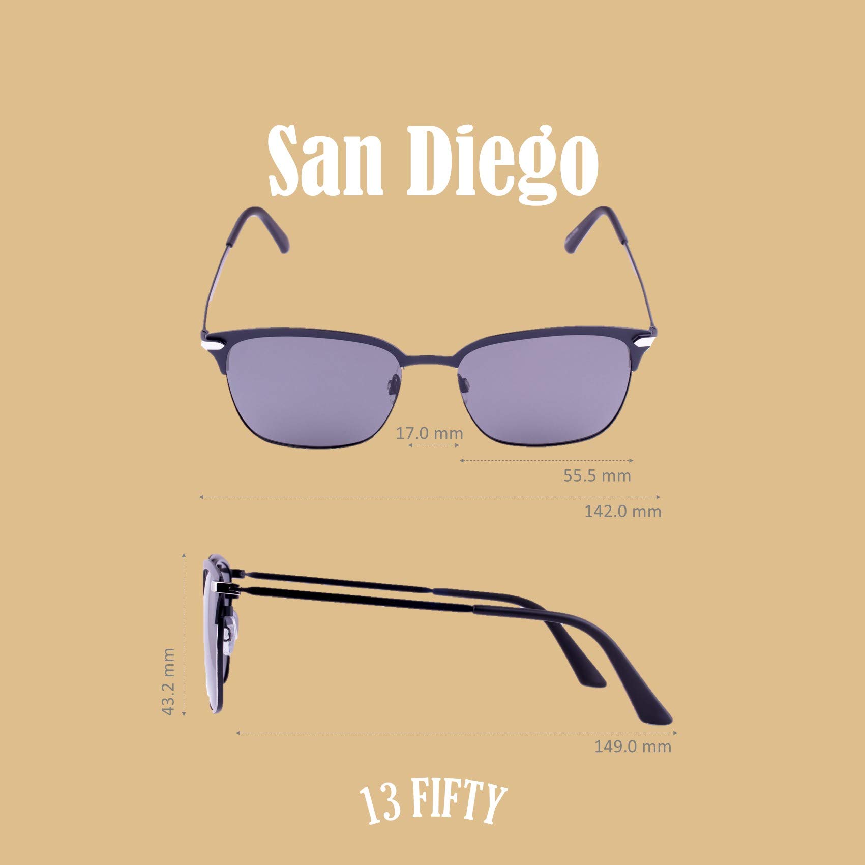 13Fifty San Diego Polarized Metal Sunglasses for Men & Women - UV Protection, Lightweight & Durable - Perfect for Driving, Beach & Outdoor Activities