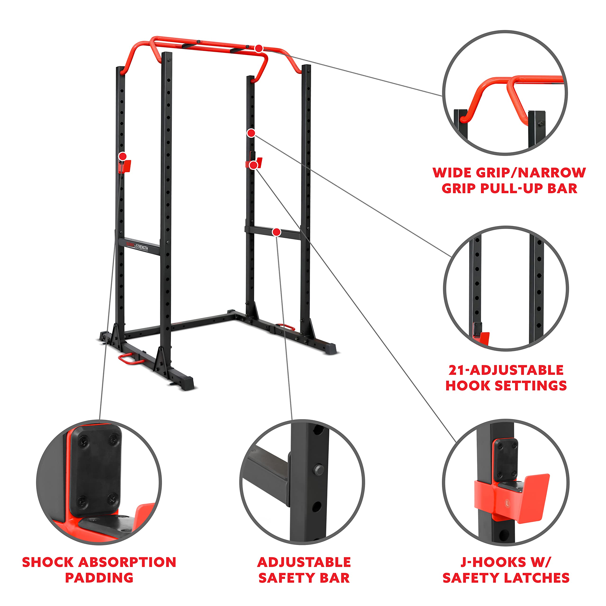 Sunny Health & Fitness Power Cage & Squat Rack - Heavy Duty 1000lb Capacity with J-Hooks, Adjustable Pull-Up Bar, Weight Plate Storage & Resistance Band Posts | Home Gym Strength Training Equipment for Weightlifting, CrossFit & Bodybuilding