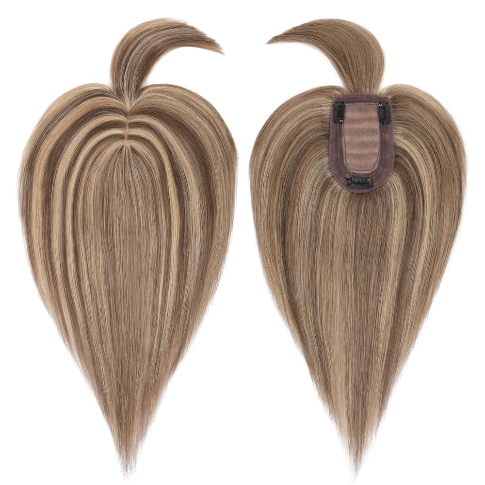 MY-LADY Human Hair Toppers for Women - 150% Density Remy Hair Silk Base Clip-in Hairpiece (7x13cm) with Bangs - Straight Hair Topper for Thinning Hair - 14 Inch #4P27 Medium Brown & Dark Blonde - Perfect for Daily Wear, Parties & Special Occasions