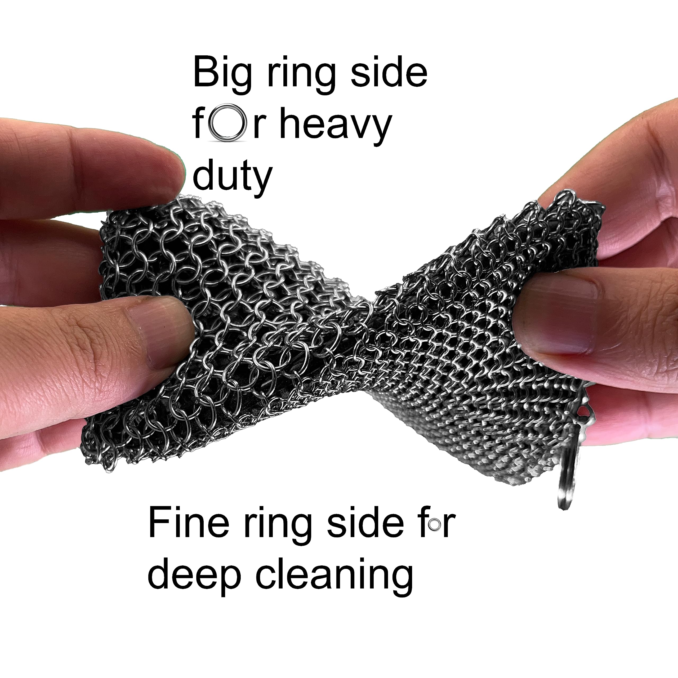 316 Stainless Steel Chainmail Scrubber for Cast Iron Skillets & Cookware - Fine Ring Design with Built-in Silicone - Heavy Duty BBQ Grill & Plate Cleaner - Perfect for Seasoning & Maintaining Cast Iron Pans (2-in-1 Standard Size)
