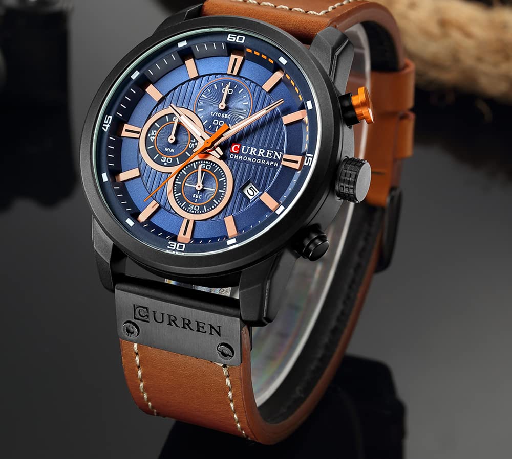 MASTOP Men's Leather Strap Watch - Quartz Movement, Stainless Steel Case, Waterproof Chronograph Analog Wristwatch for Business, Casual & Outdoor Activities