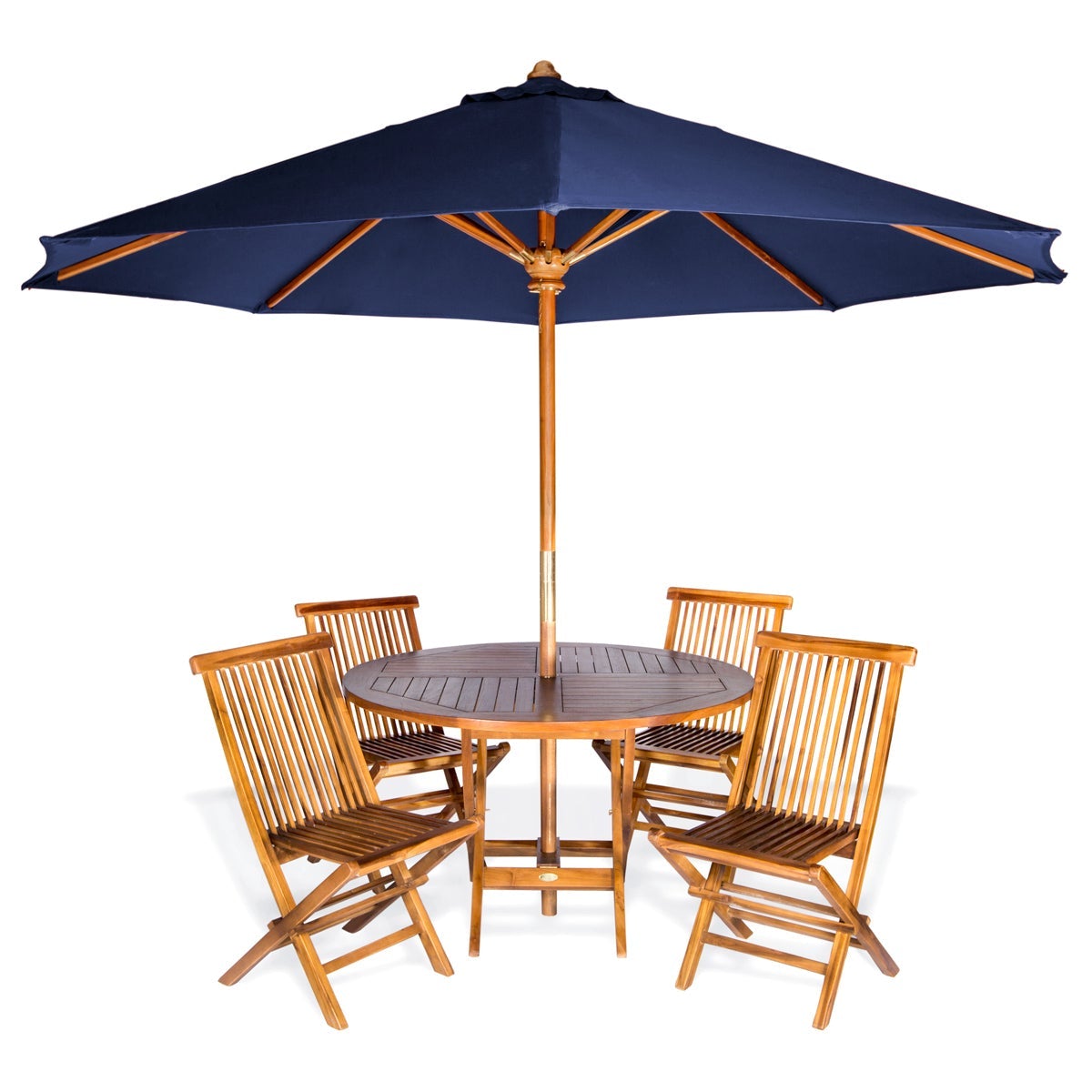 6-Piece Teak Round Folding Table Set with Blue Umbrella - 4 ft Outdoor Patio Dining Set | All Things Cedar | Perfect for Backyard BBQs, Poolside Gatherings & Garden Parties