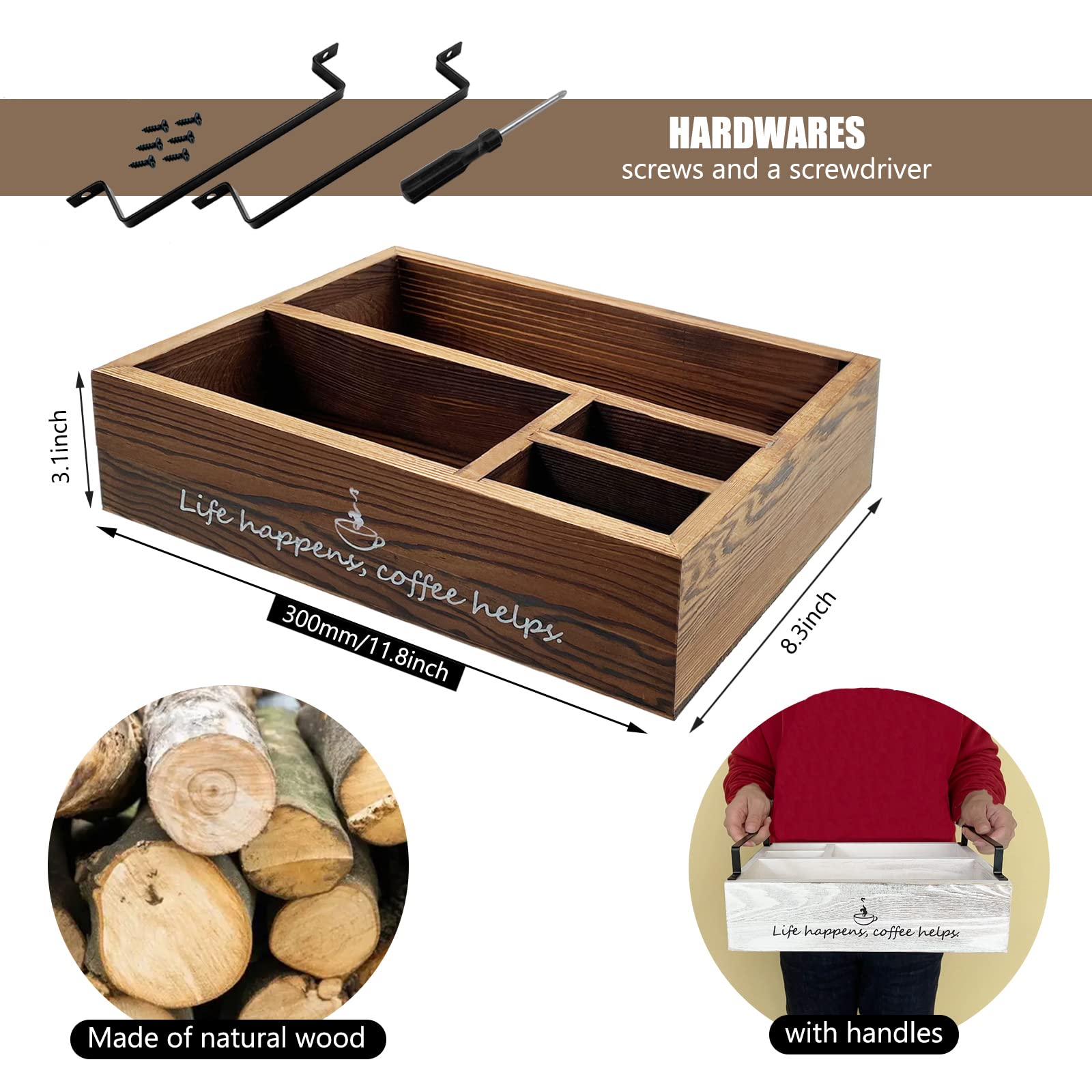 Farmhouse Coffee Station Organizer - Rustic Bar Decor with Handles, Keurig K-Cup Pods Holder, Creamer & Paper Cup Dispenser - Perfect for Kitchen Counter, Office Breakroom & Coffee Shop (Brown)