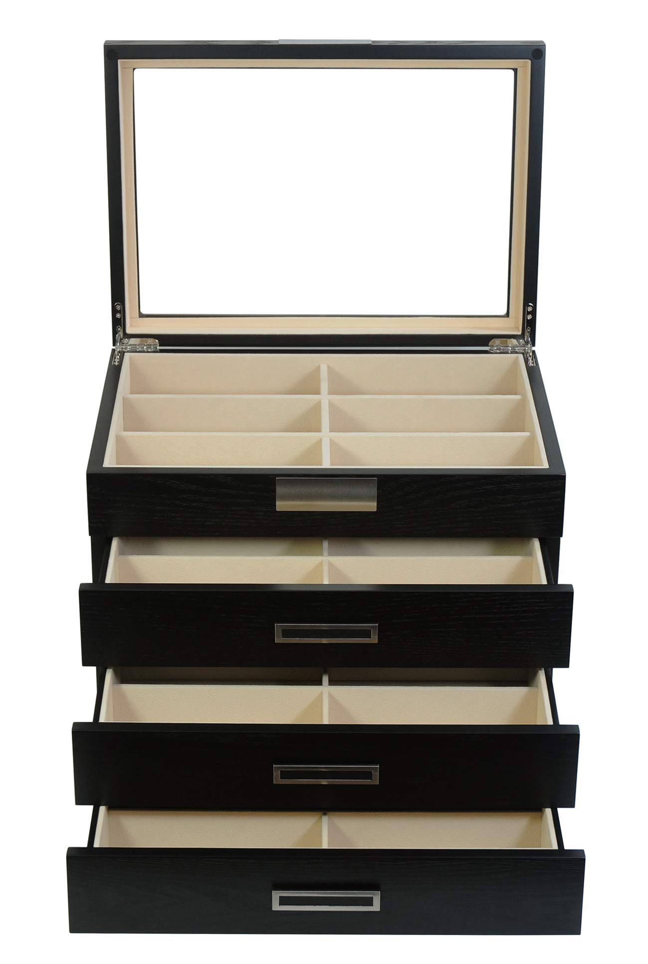 Personalized 24-Piece Large Black Wooden Eyeglass & Sunglass Display Case - 4-Tier Storage Box with Drawer | Perfect for Optical Shops, Retail Stores & Home Organization