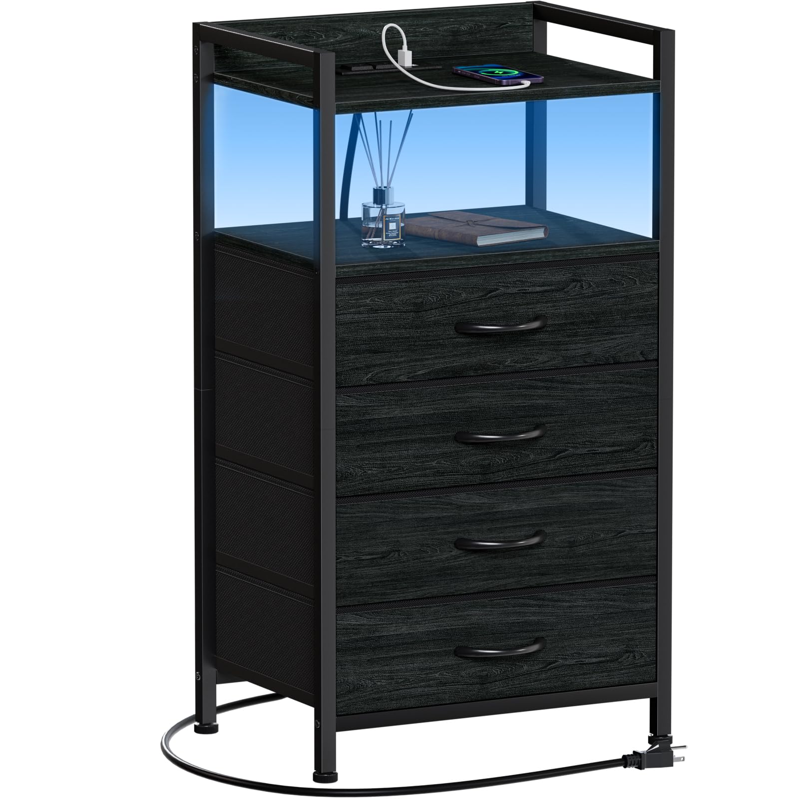 Modern Nightstand with USB Charging Station & LED Light - Black Bedside Table with Drawers, Fabric Storage Bins & Metal Frame - Tall Wooden Dresser for Bedroom - Perfect for Small Spaces, Apartment Living & Guest Rooms