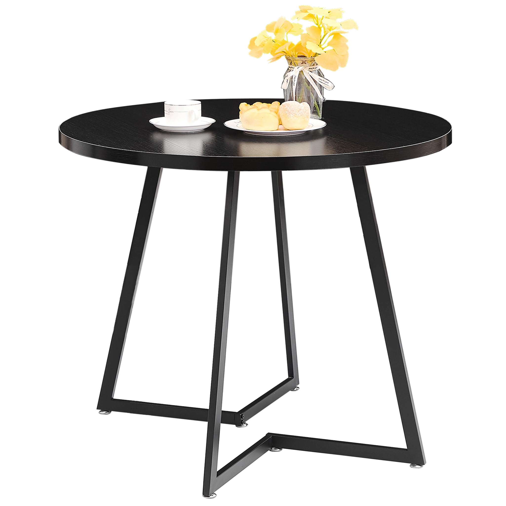VECELO 42 Inch Round Dining Table with Wood Grain Tabletop & Sturdy Steel Frame - Perfect for Kitchen, Living Room, Office or Conference - Seats 2-4 People - Wood-Grain Black Finish - Ideal for Small Space Dining, Breakfast Nooks & Compact Meeting Areas