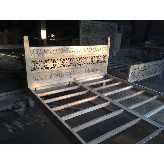 Hand Carved Wooden Indian Design Platform Bed - Queen/King Size Solid Wood Bed Frame for Master Bedroom & Guest Room