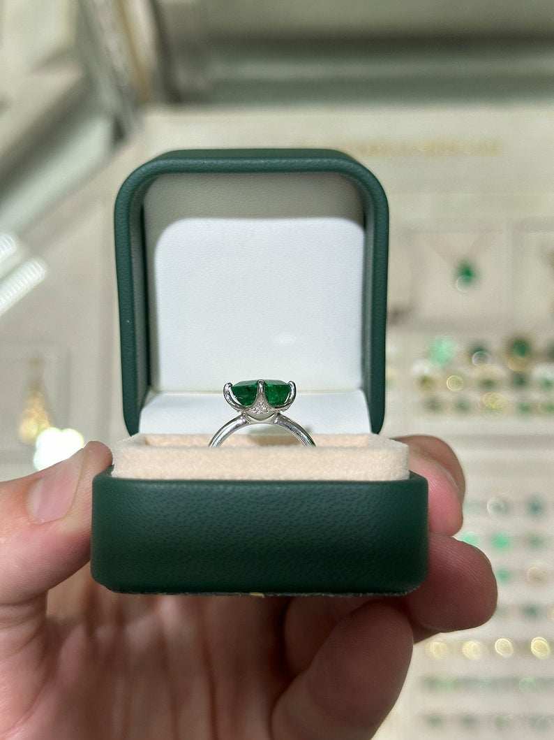 3.65tcw Asscher Cut Emerald & Diamond Accent Prong Set Ring in 14K White Gold | Elegant Wedding, Engagement & Anniversary Jewelry Gift for Women