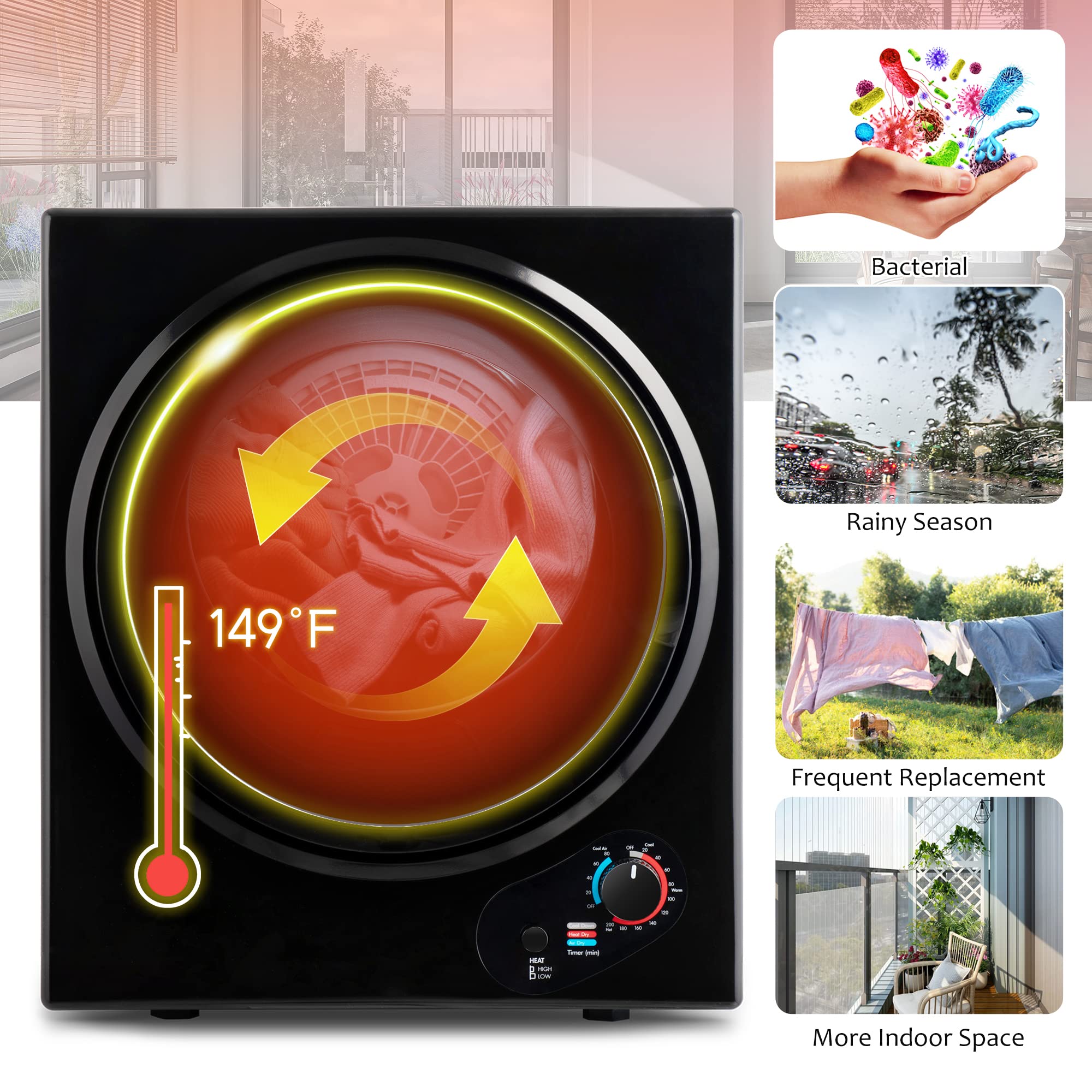 Portable Electric Clothes Dryer - Compact Front Load Laundry Machine for Apartments, Dorms & RVs | Easy Knob Control & Wall Mount Kit Included | Perfect for Small Spaces, Travel & Emergency Use (Black)