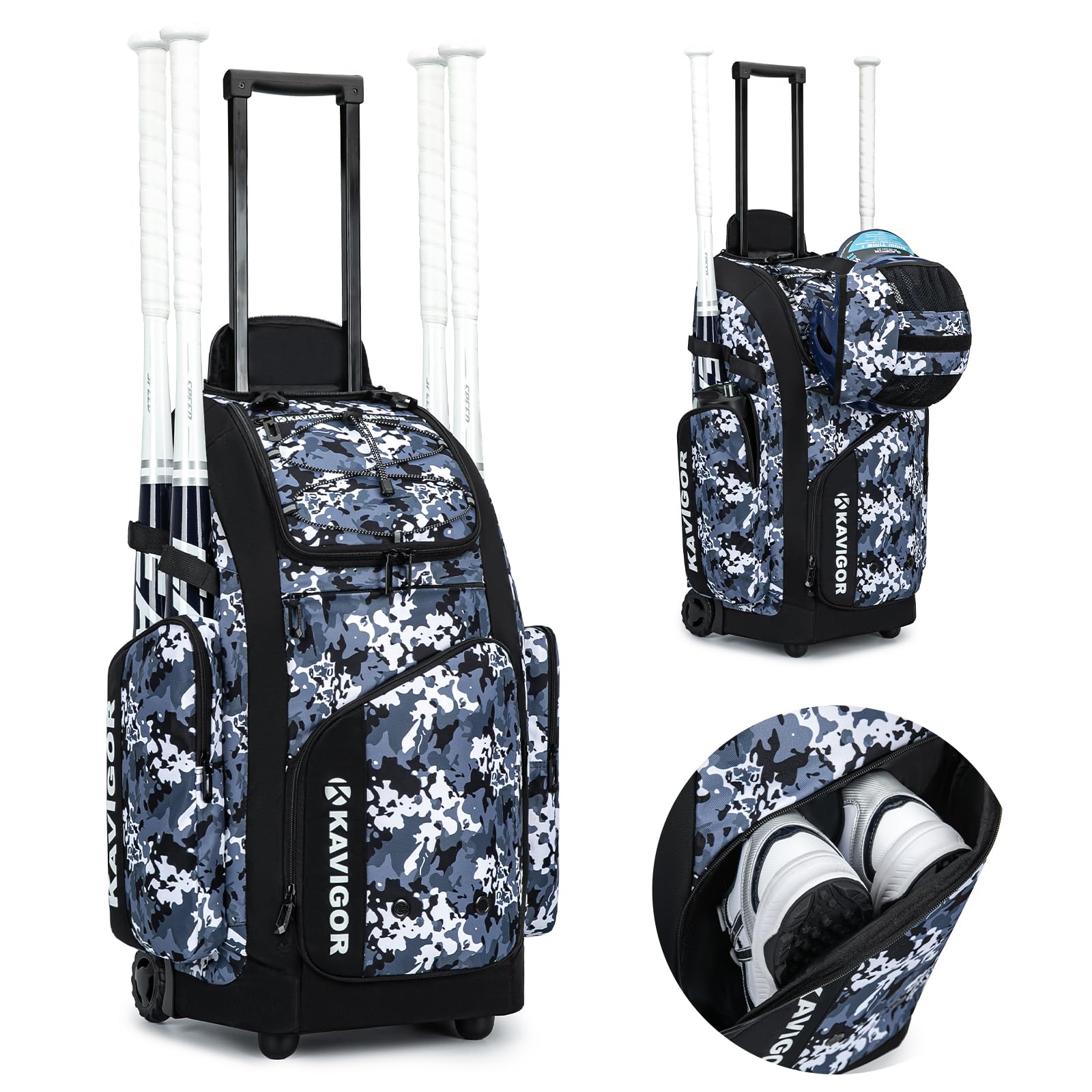 Rolling Baseball Bag with Wheels - 60L Large Capacity Softball Equipment Bag for Boys & Girls - Holds 4 Bats & Has Shoe Compartment - Perfect for Youth Baseball Games, Practice & Travel