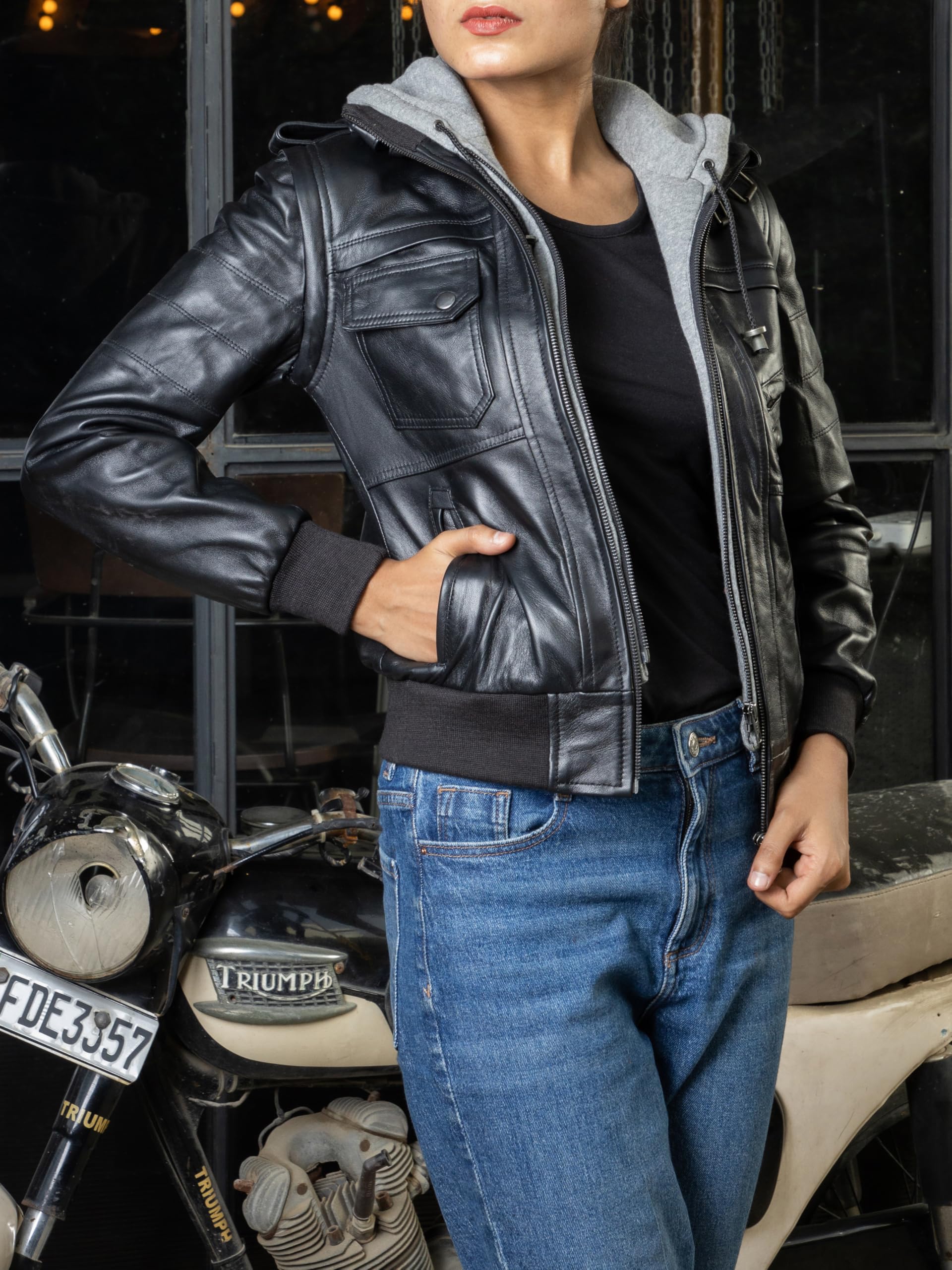 **Jild Genuine Leather Jacket for Women - Slim Fit Biker Motorcycle Jacket with Detachable Hood | Stylish & Durable for Riding, Casual Outfits & Night Out**