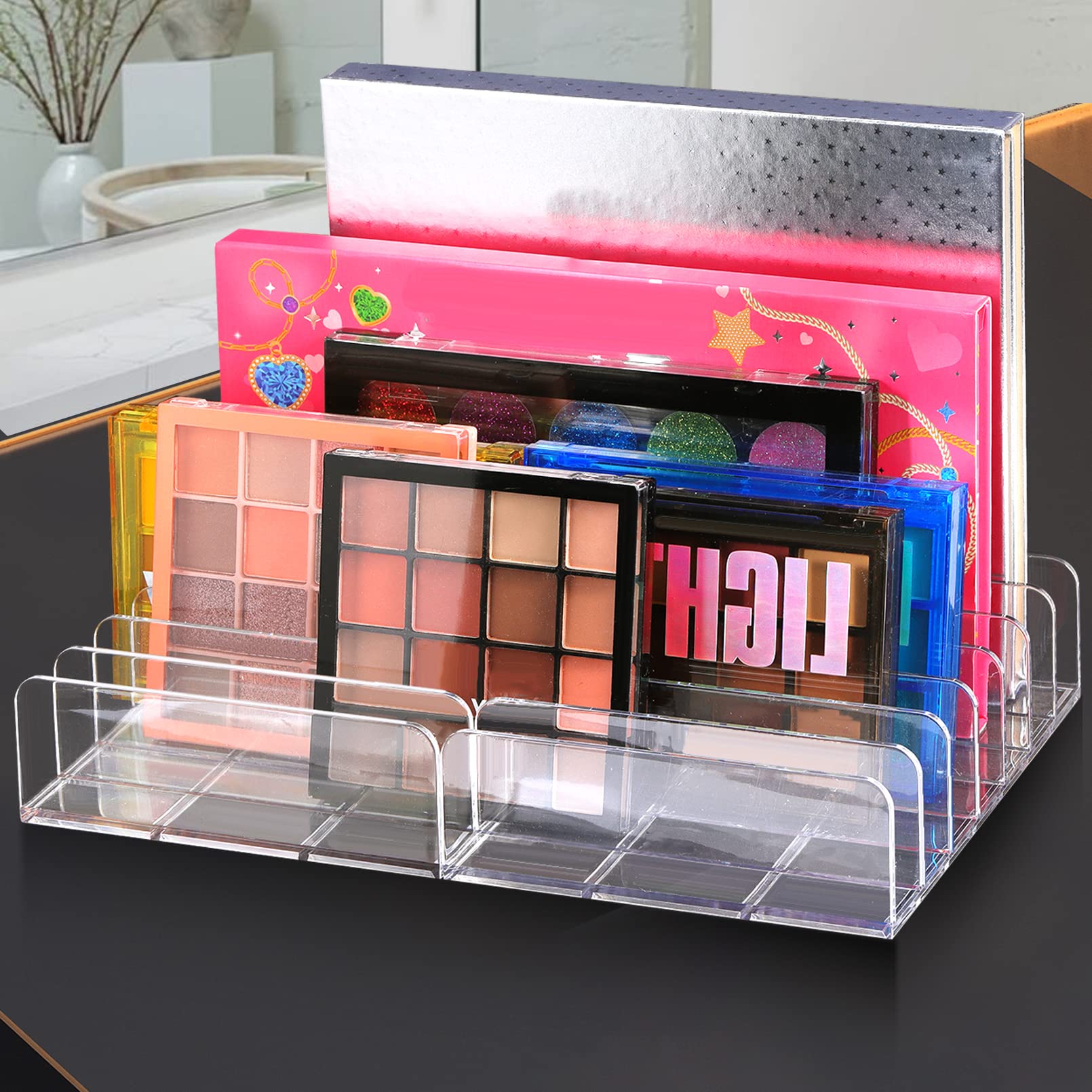 2-Pack Acrylic Makeup Palette Organizer with 7 Sections - Clear Eyeshadow & Cosmetic Storage Holder for Bathroom Countertop, Vanity, Travel - Perfect for Organizing Wallets, Sunglasses & Beauty Products