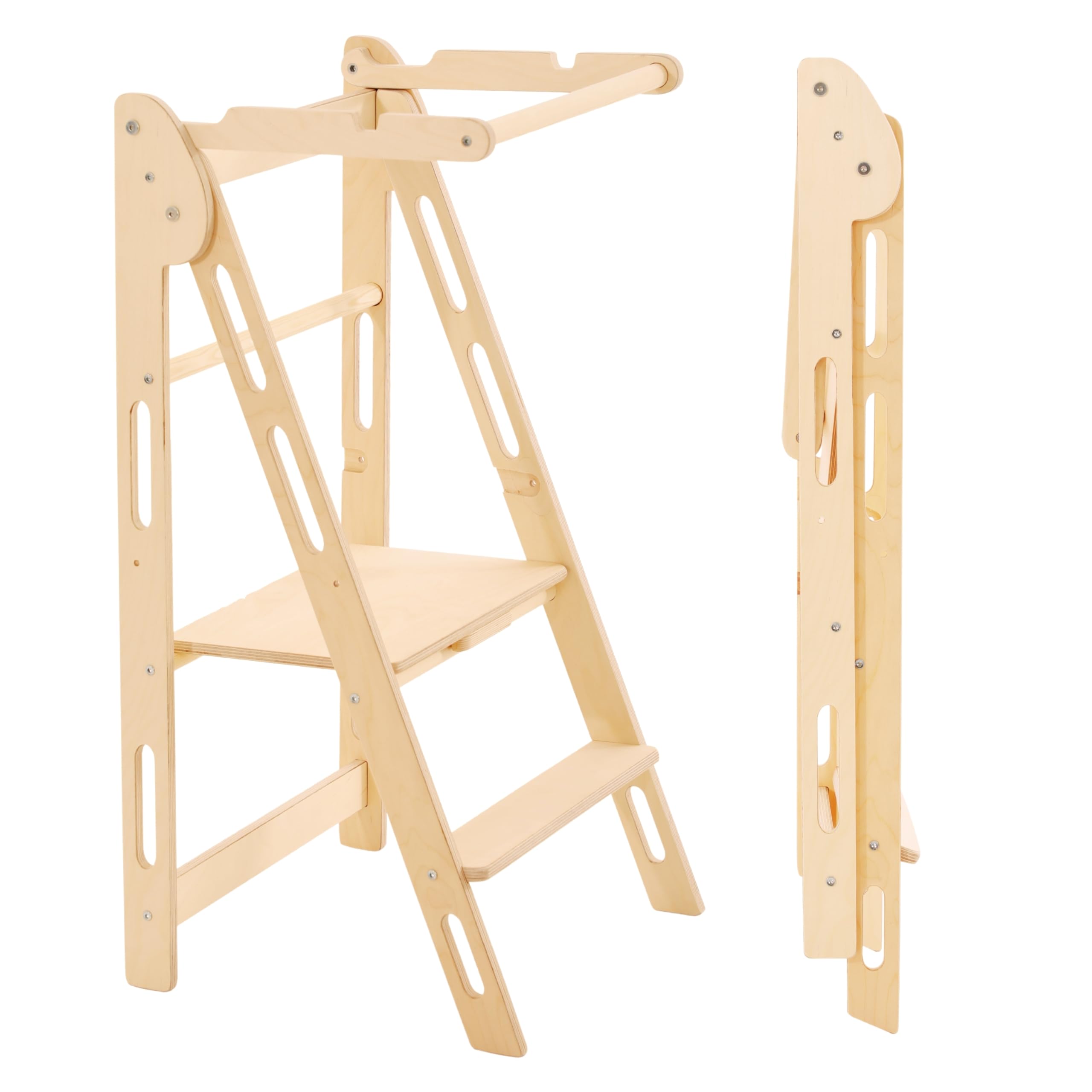 Foldable Toddler Tower Step Stool for Kids - Safe Montessori Learning Tower with Adjustable Height & Safety Rail - Perfect for Kitchen, Bathroom & Playroom - Natural Wood (YK KIDS)