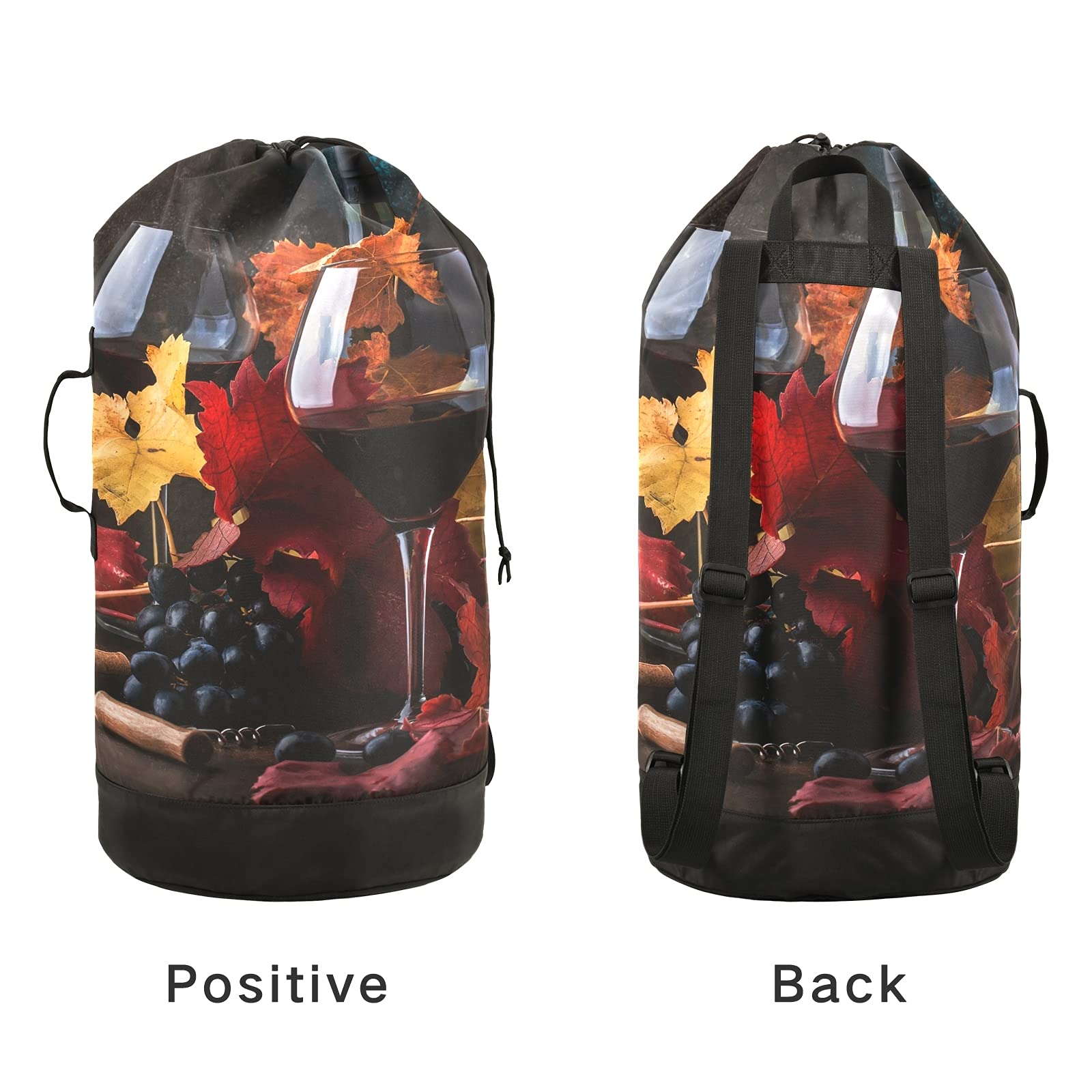 Rustic Style Autumn Fallen Leaves Wine Glass Print Laundry Bag - Adjustable Shoulder Straps & Drawstring Closure, Dorm Travel Hamper Basket for Dirty Clothes, Toy Storage (Perfect for College Dorm, Camping Trips & Laundry Room Organization)