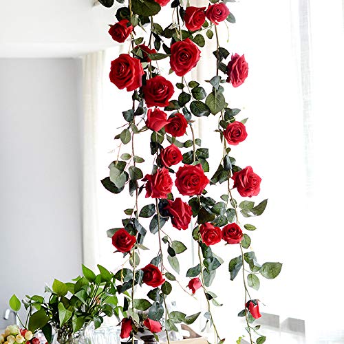 GWOKWAI 6Ft Artificial Rose Garland - Fake Rose Flower Vines Hanging Decor, Realistic Rose Ivy Simulation Plants for Home, Garden, Office, Hotel, Wedding & Party Decoration - Perfect for Wall, Door, Archway and Table Centerpieces