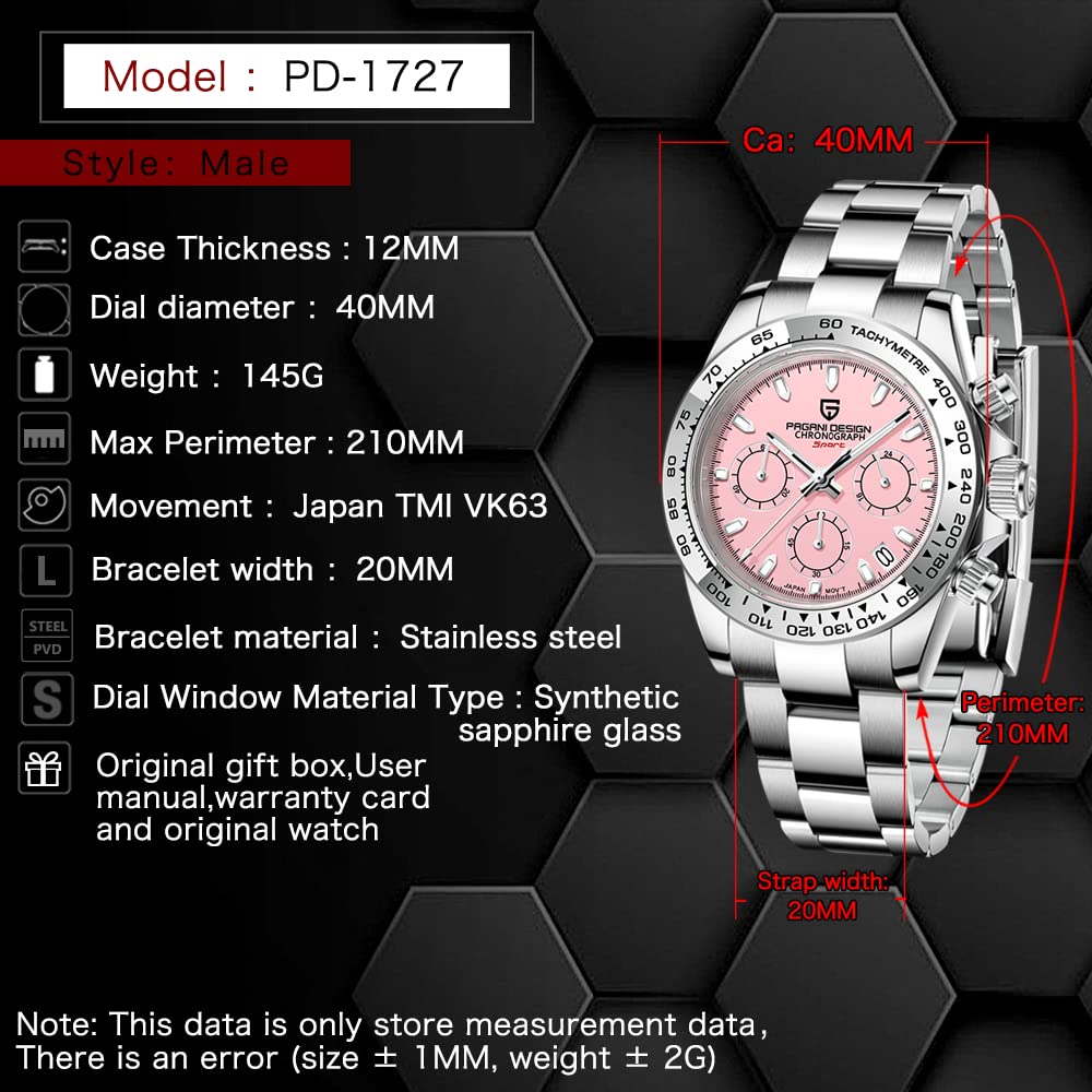 Pagani Design Classic Men's Luxury Chronograph Watch - Japanese VK63 Quartz Movement, 100m Waterproof Stainless Steel Business Watch for Office, Formal Events & Daily Wear