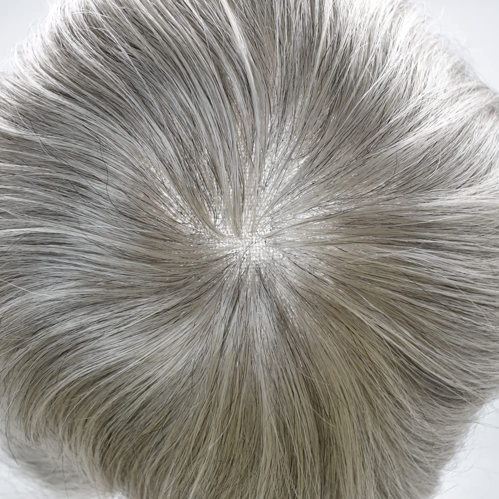Men's Swiss Lace Toupee - 100% Human Hair Replacement System with PU Bleached Knots & Natural Hairline | 8''x10'' Light Medium Density Wig in 1B80# Natural Black with 80% Gray | Perfect for Hair Loss Solutions, Daily Wear & Special Occasions - SINGA HAIR