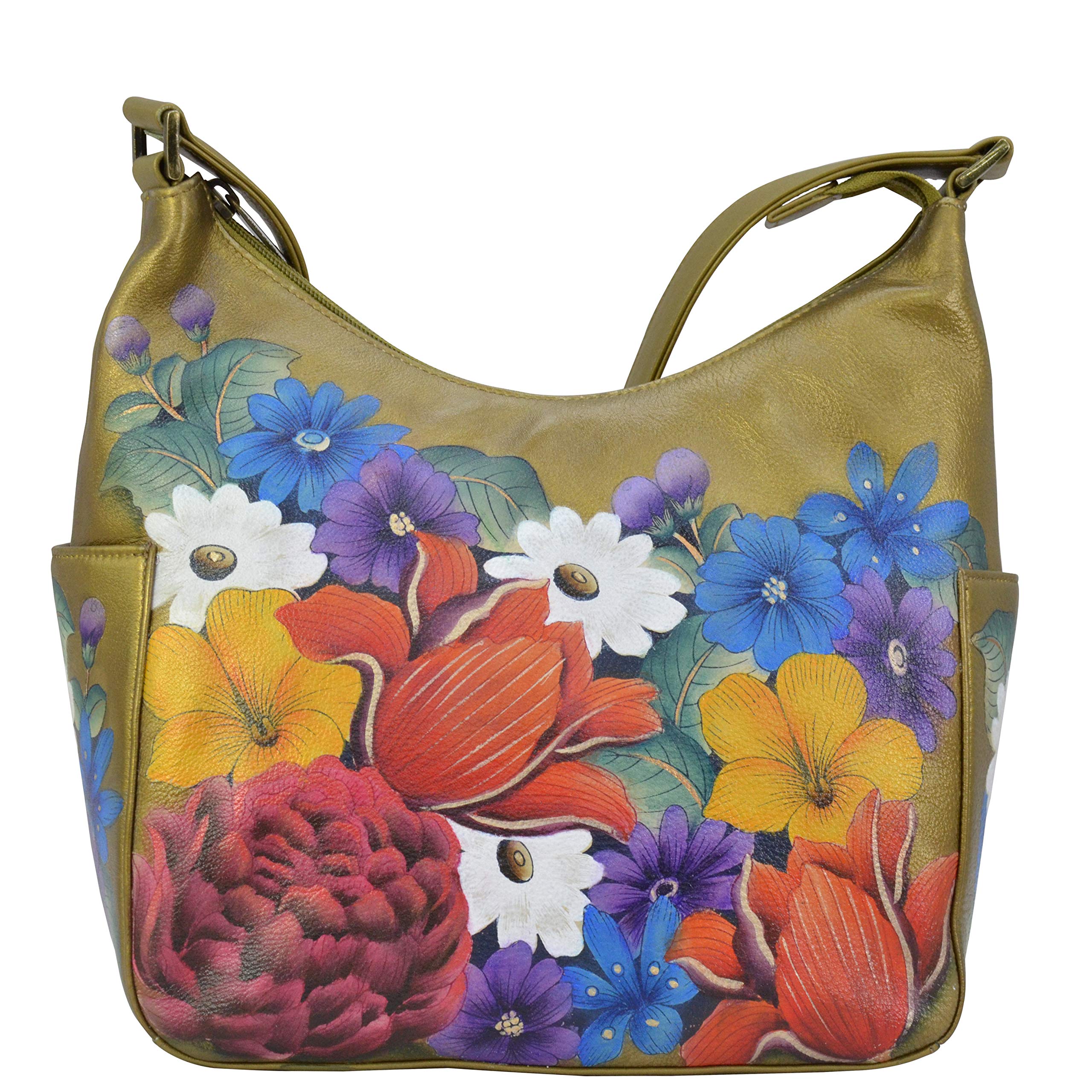 Anuschka Women's Hand-Painted Leather Hobo Bag with Side Pockets - Classic Shoulder Purse for Work, Travel & Everyday Use