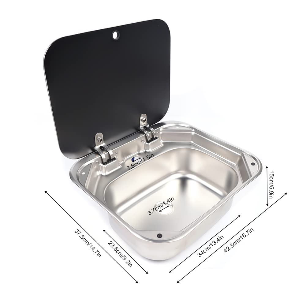Stainless Steel RV Kitchen Sink with Glass Lid & Hot/Cold Faucet - Single Bowl Basin for Caravans, Motorhomes, Boats & Campers | Durable Outdoor Cooking & Hand Washing Solution