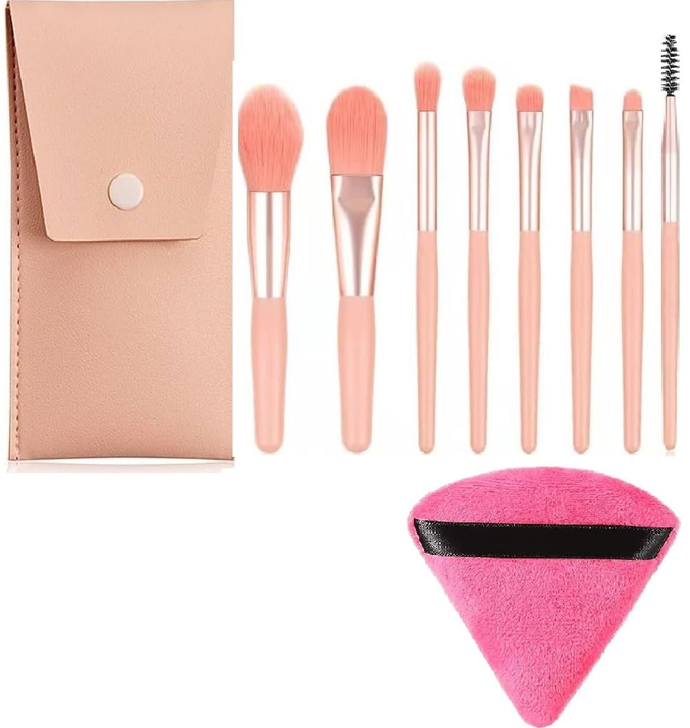 Professional 8-Piece Makeup Brush Set with Soft Triangle Powder Puff - Lite Pink & Multicolor Options | Foundation, Blending & Cosmetic Application Tools for Daily Makeup & Professional Use