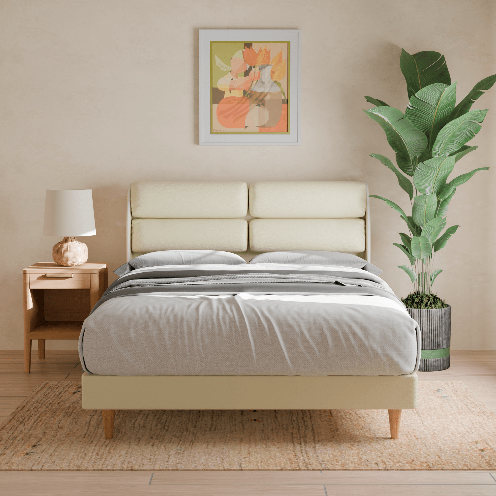 Fobbee Queen Size Faux Leather Upholstered Bed Frame with Wooden Slats - Modern Platform Bed for Bedroom, Guest Room, or Apartment