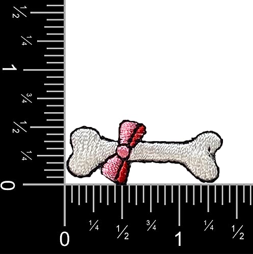 White Dog Bone with Pink Bow Embroidered Iron-On Patch for Pets - Perfect for DIY Pet Clothes, Costumes & Accessories