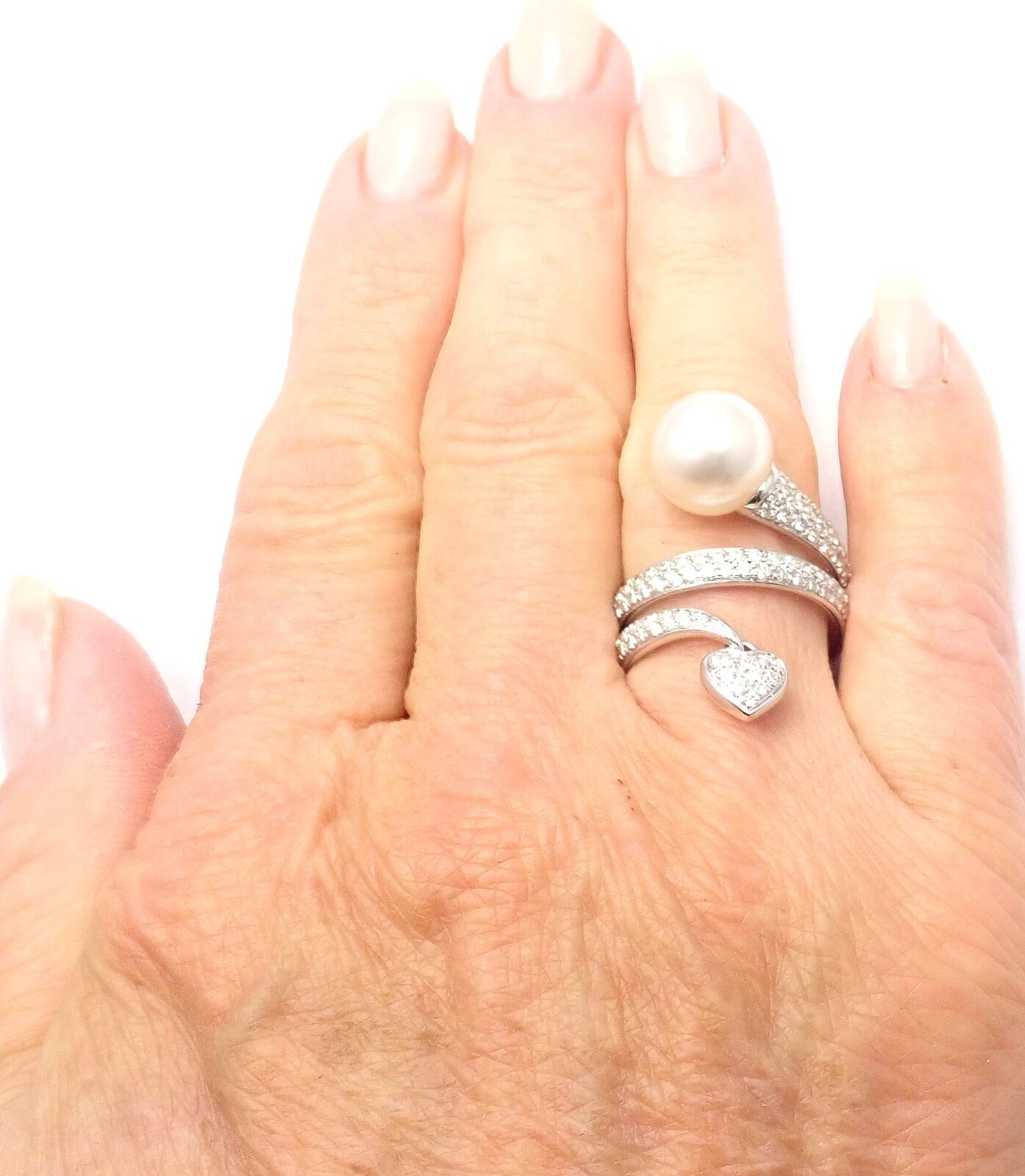 Authentic Mikimoto 18K White Gold Diamond South Sea Pearl Heart Ring with Certificate - Luxury Pearl Jewelry for Women, Perfect for Anniversaries, Weddings & Special Occasions
