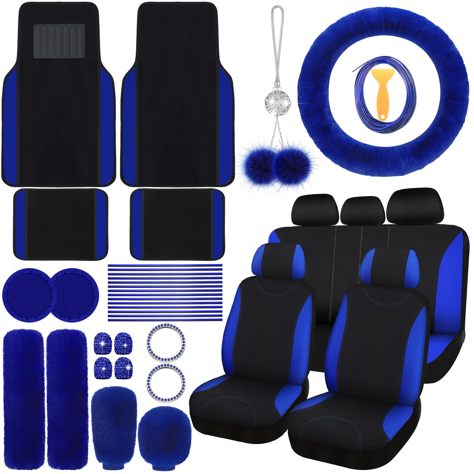 **Woanger 47-Piece Full Set Car Seat Covers for Women - Fluffy Steering Wheel Cover, Seat Belt Pads, Floor Mats & AC Decor Strips - Universal Fit (Blue) - Perfect for Comfort & Style in Sedans, SUVs & Trucks**