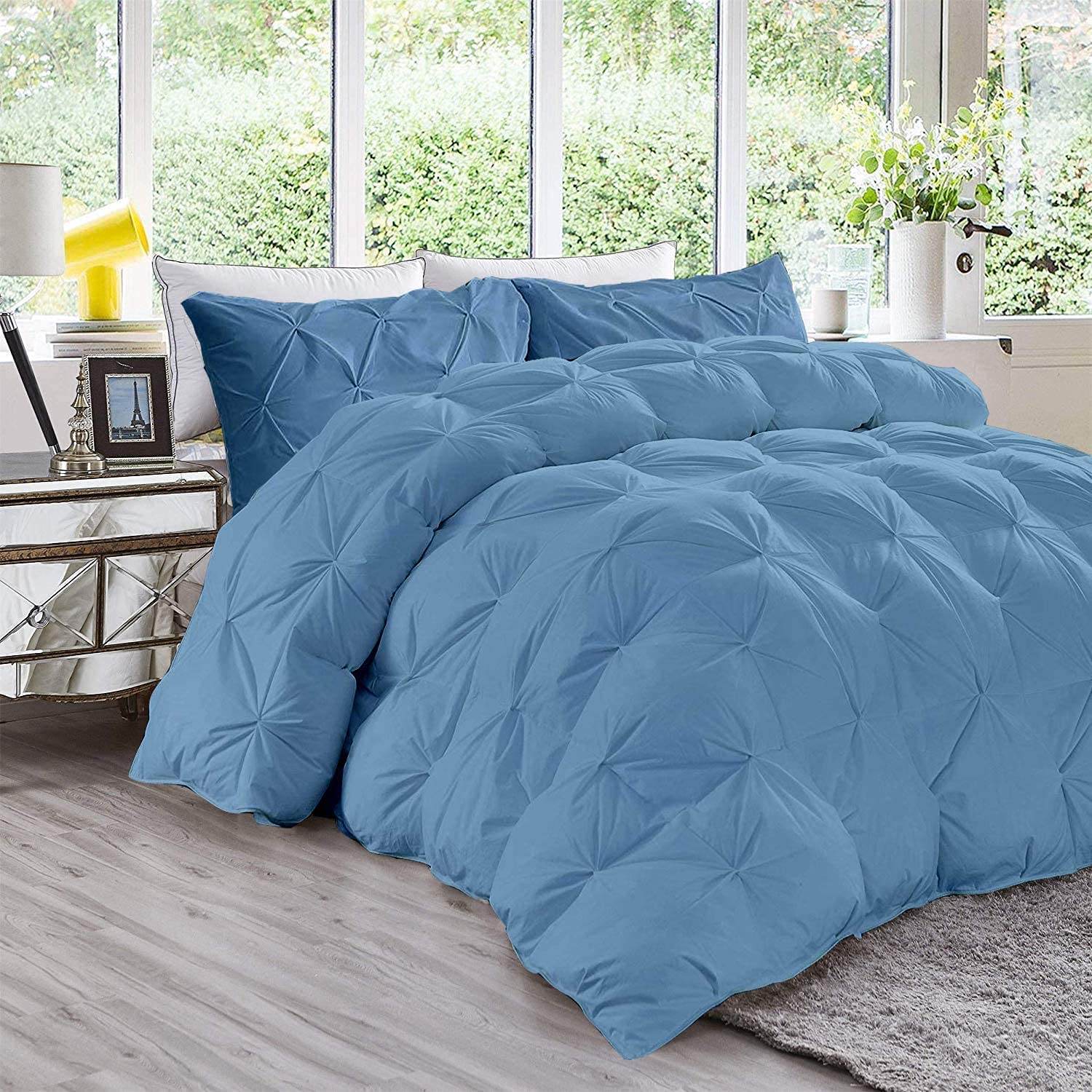 Pinch Pleated 100% Cotton All Season Comforter - Lightweight Down Alternative Quilted Bedding, Soft & Cooling for Warm Weather & Hot Sleepers (Full/Queen, Medium Blue) - Perfect for Summer Nights & Temperature Regulation