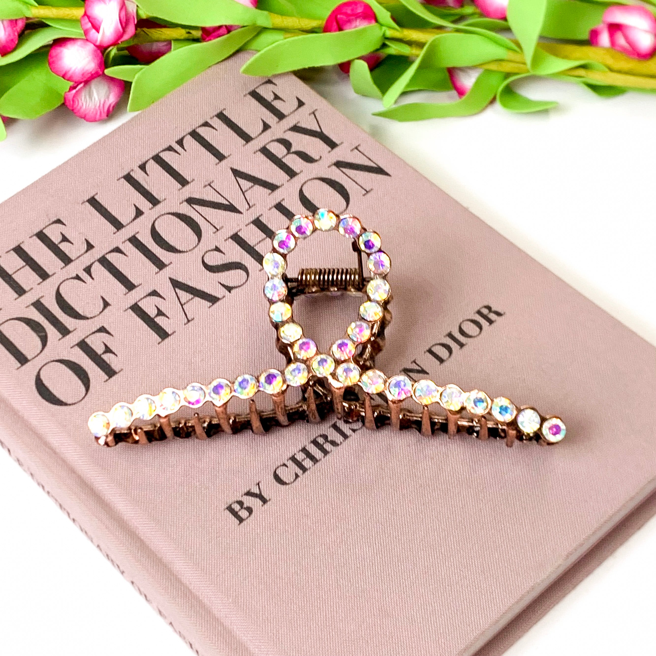 AB Rhinestone Embellished Loop Banana Metal Hair Clip in Copper - Elegant Hair Accessory for Women, Bridal, Prom & Party Hairstyles