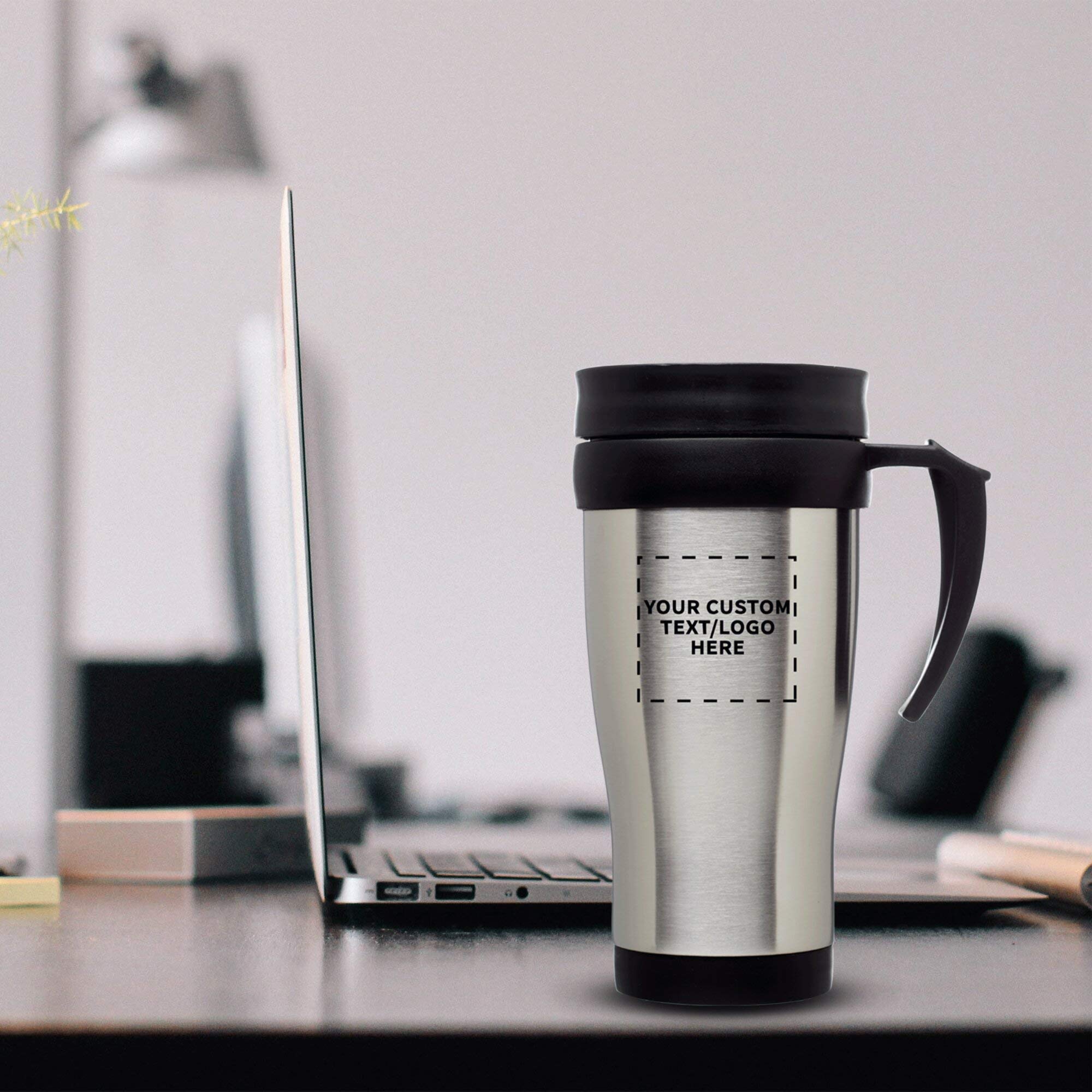 Custom 14 oz Stainless Steel Travel Mugs with Handle - Bulk Pack of 10 Personalized Drinkware - Insulated for Hot Coffee & Iced Beverages - Silver - Perfect for Office, Camping, Travel & Gifts
