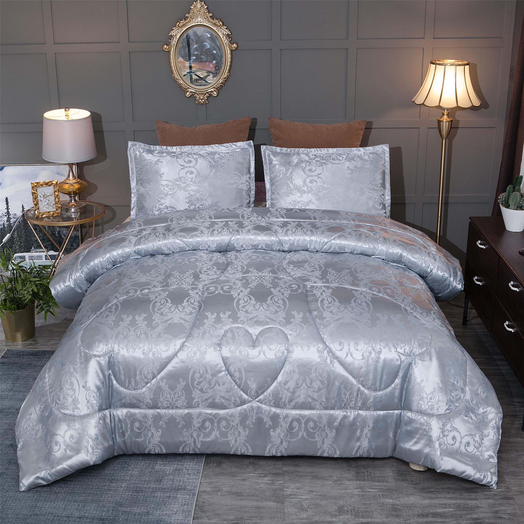 Premium King Size Comforter Set - All Season Lightweight Grey Silk Jacquard Bedding with 2 Pillow Shams (104x90 Inches) | Soft & Breathable for Year-Round Comfort | Perfect for Master Bedroom, Guest Room & Luxury Hotel Decor