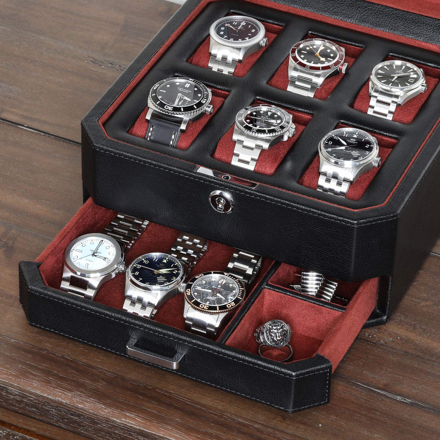 Premium ROTHWELL 6-Slot Leather Watch Box with Valet Drawer - Luxury Watch Display Case Organizer with Microsuede Lining & Locking Mechanism - Large Glass Top Jewelry Storage for Men (Black/Red) - Perfect for Watch Collectors, Gifts & Home Décor