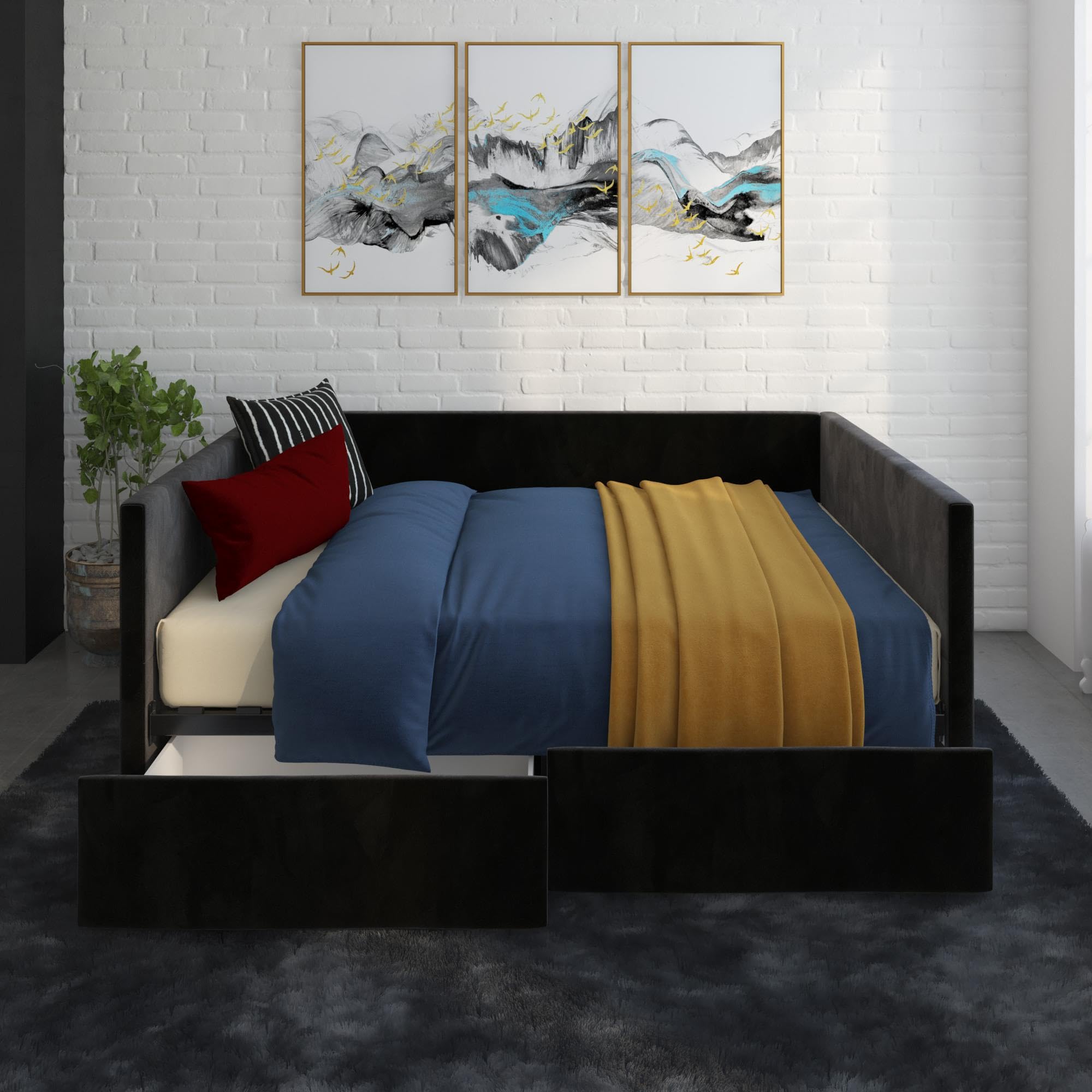 DHP Theo Full Size Daybed with Storage Drawers - Black Velvet Upholstered Sleeper Sofa for Guest Room, Dorm & Small Space Living