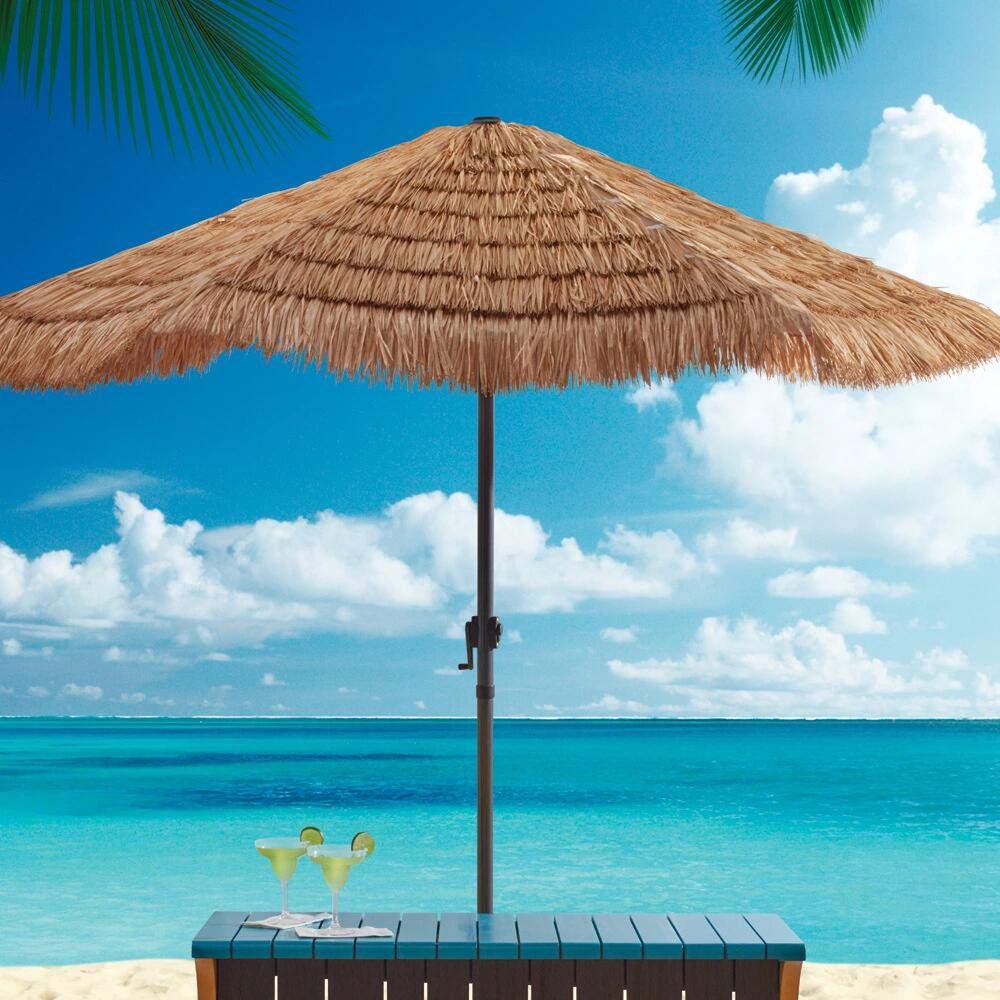 Hawaiian Tiki Patio Umbrella 7.87ft - Thatched Outdoor Garden & Beach Umbrella with Crank Lift, UV Resistant - Perfect for Backyard, Poolside, Beach Parties & Tropical Decor