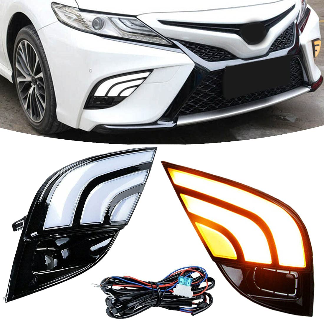 2018-2020 Toyota Camry LED Daytime Running Lights (DRL) with Fog Lights - Tri-Color DRL LED Turn Signal Lamps for Camry SE/XSE Models - Includes Bezel & Wiring Harness - Perfect for Night Driving & Enhanced Visibility