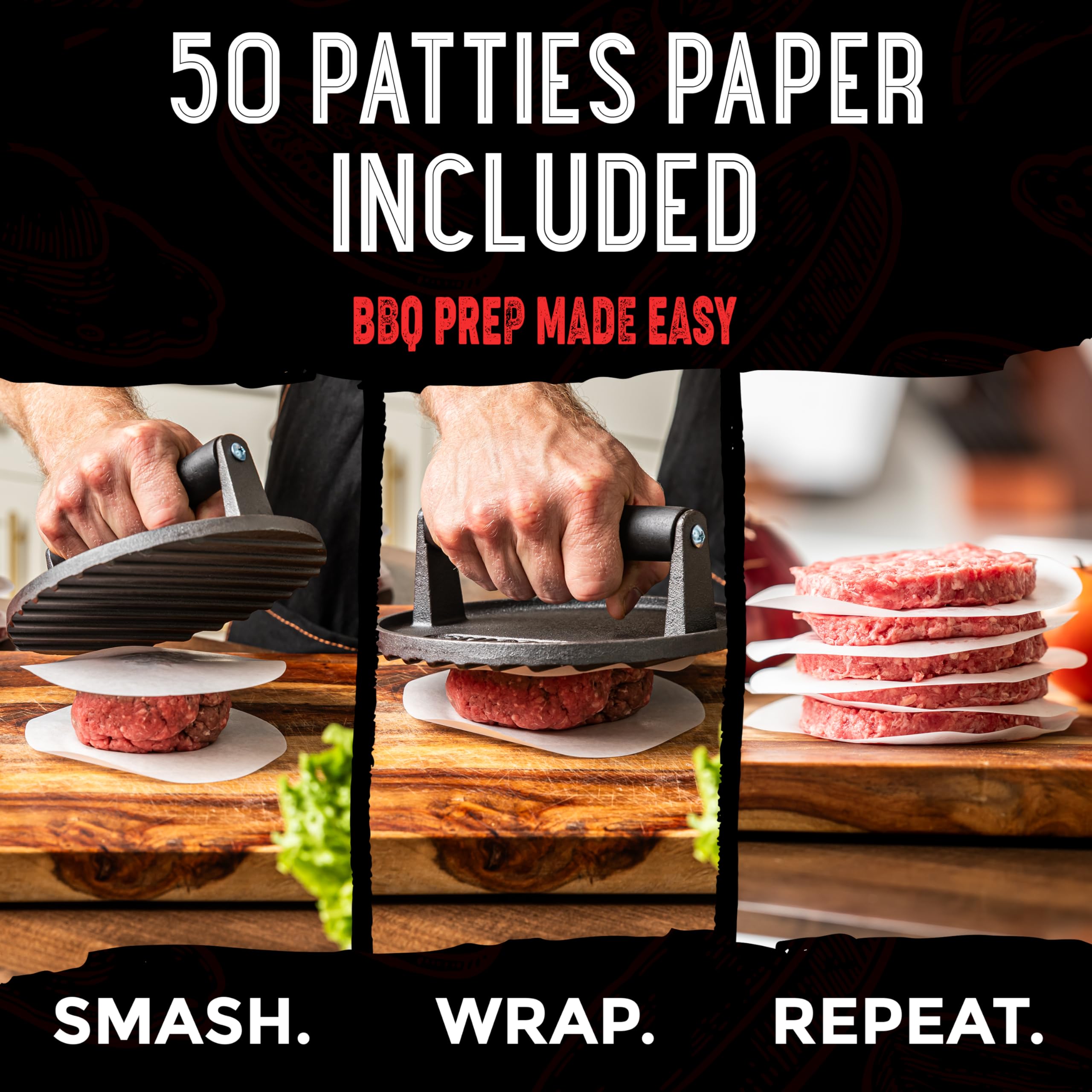 Cast Iron Smash Burger Press Kit - Heavy Duty Round & Rectangle Bacon Smasher with 50 Patty Papers - Weighted Grill Press for Smashburgers, Griddle Cooking Tools & Hamburger Making - Perfect for Backyard BBQs, Diner-Style Burgers & Restaurant-Quality Home Cooking