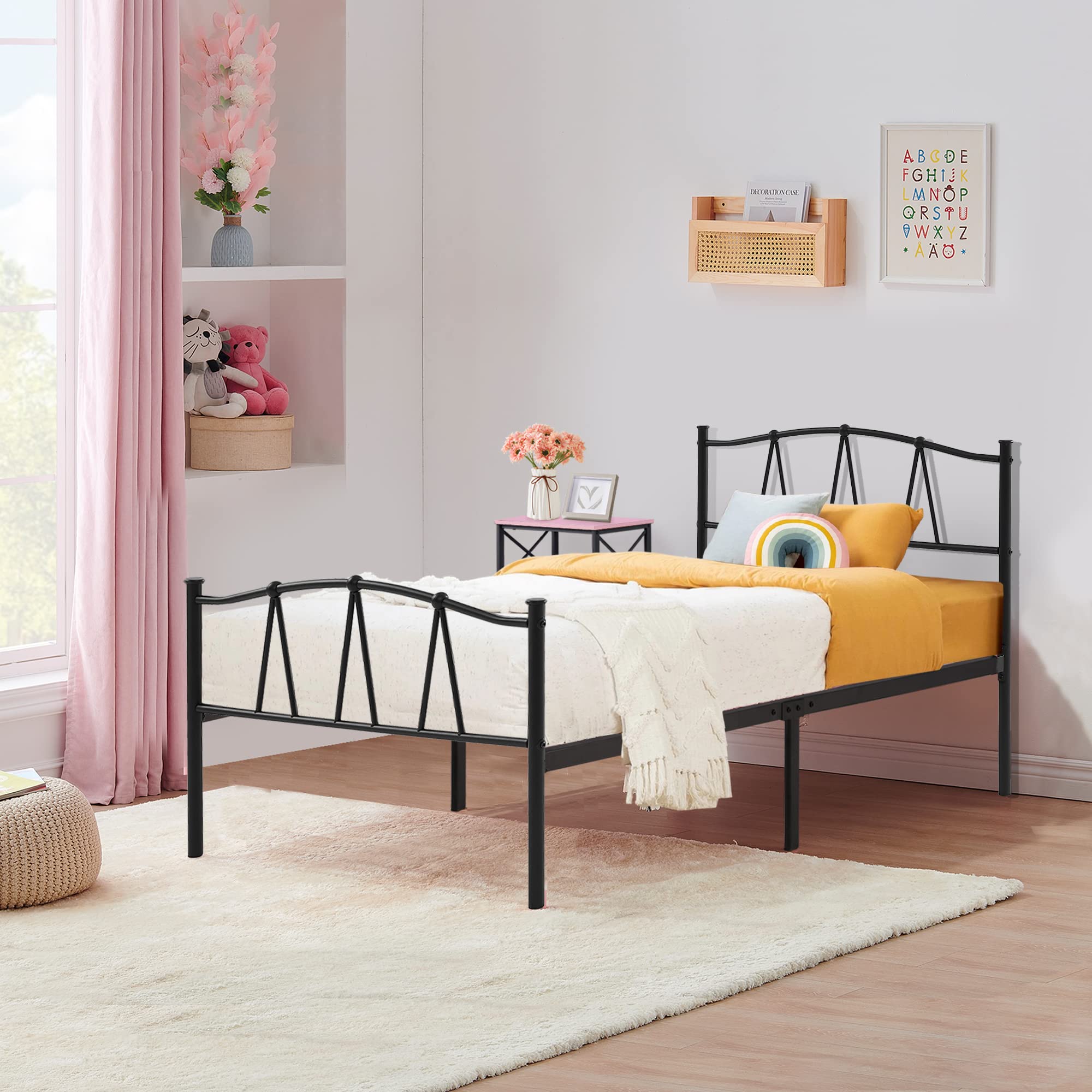 VECELO Twin Size Bed Frame - Vintage Metal Platform with Headboard, Heavy Duty Slat Support Mattress Foundation (No Box Spring Needed) for Bedroom, Guest Room, Dorm & Small Spaces