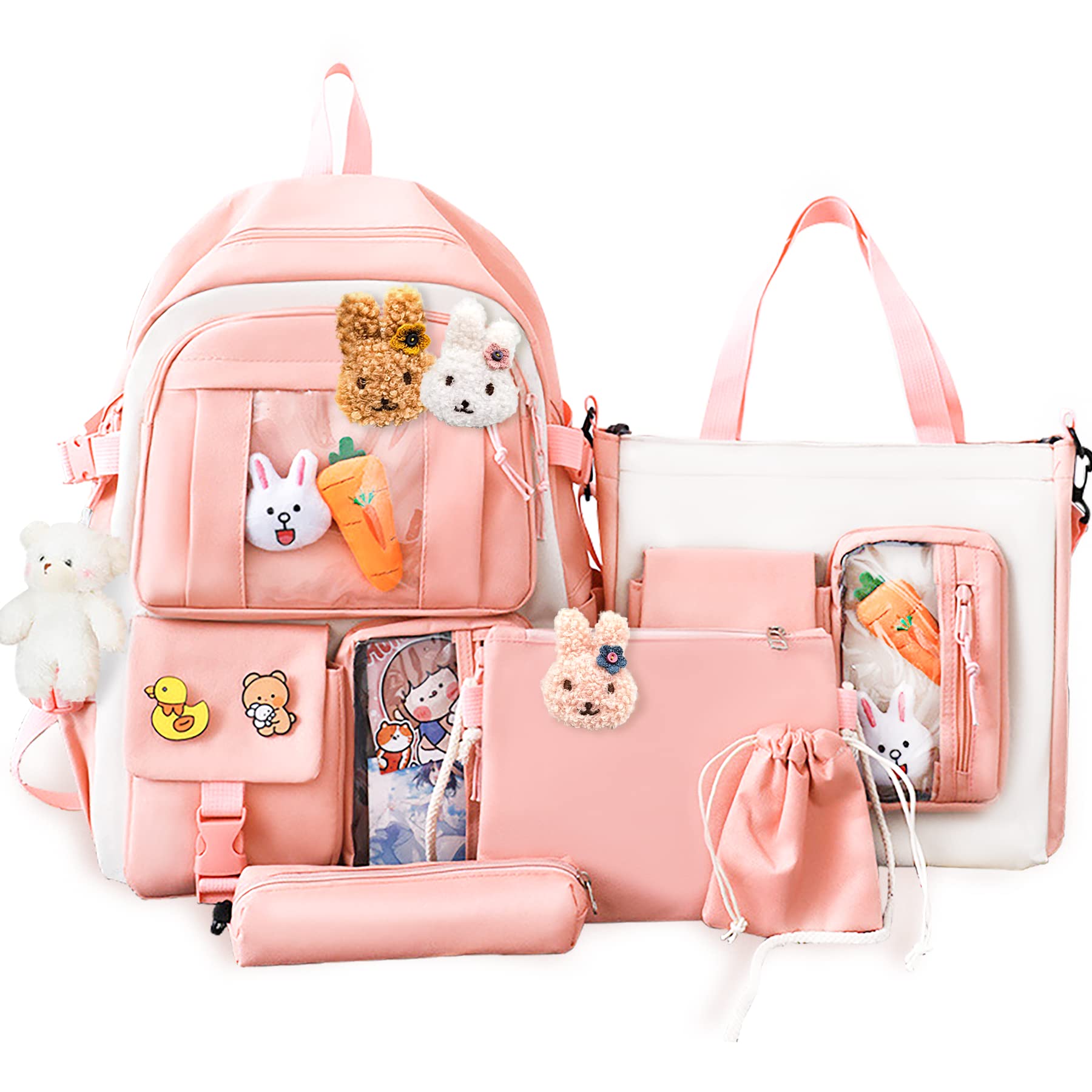 5Pcs Kawaii Backpack Set for Girls - Cute School Bag with Plush Handbag, Accessories & Pins (Pink) - Perfect for School, Travel & Daily Use