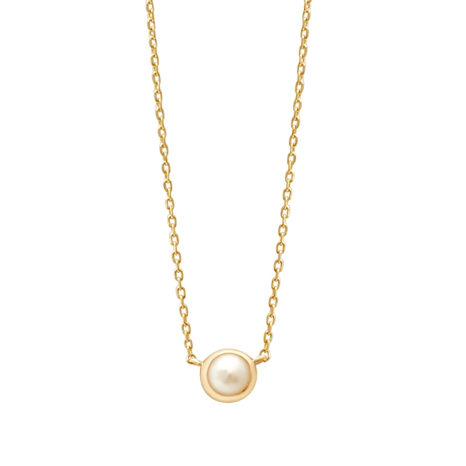 14K Yellow Gold Freshwater Pearl Station Necklace - Elegant Bezel Setting for Women, Perfect for Weddings, Parties & Everyday Wear