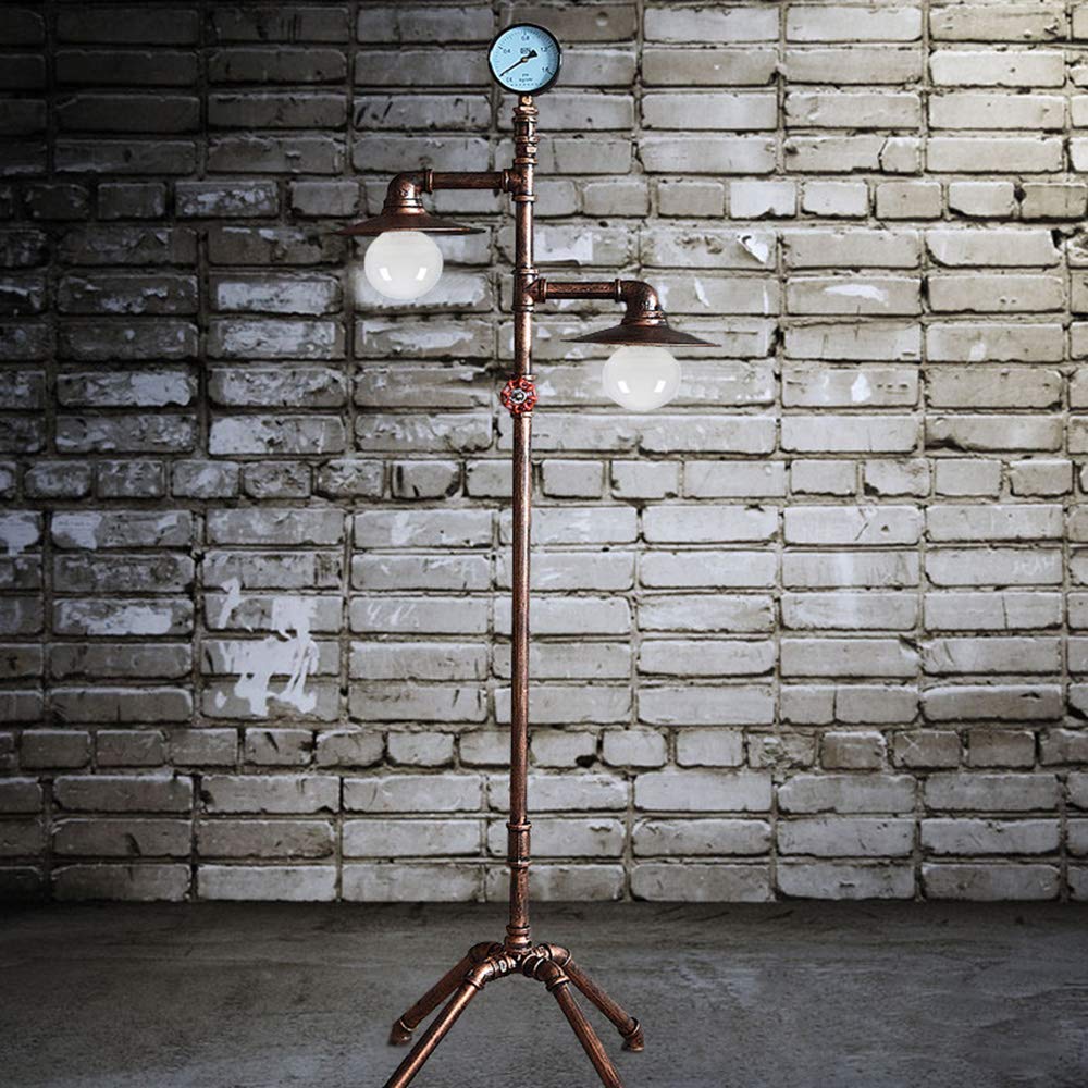 Vintage Industrial 2-Head Saucer Shade Floor Lamp with Water Pipe Design - Adjustable Standing Light for Living Room, Bedroom, Dining Room & Cafe | Perfect for Reading Nook, Home Office & Restaurant Ambiance Lighting