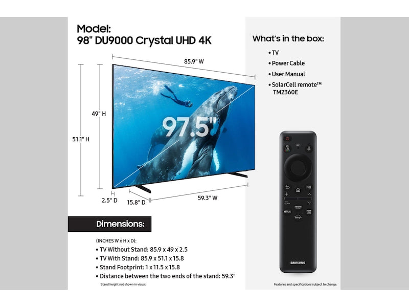 Samsung 98 Inch Class Crystal UHD 4K Smart TV DU9000 Series - Perfect for Home Theater, Gaming & Streaming Entertainment