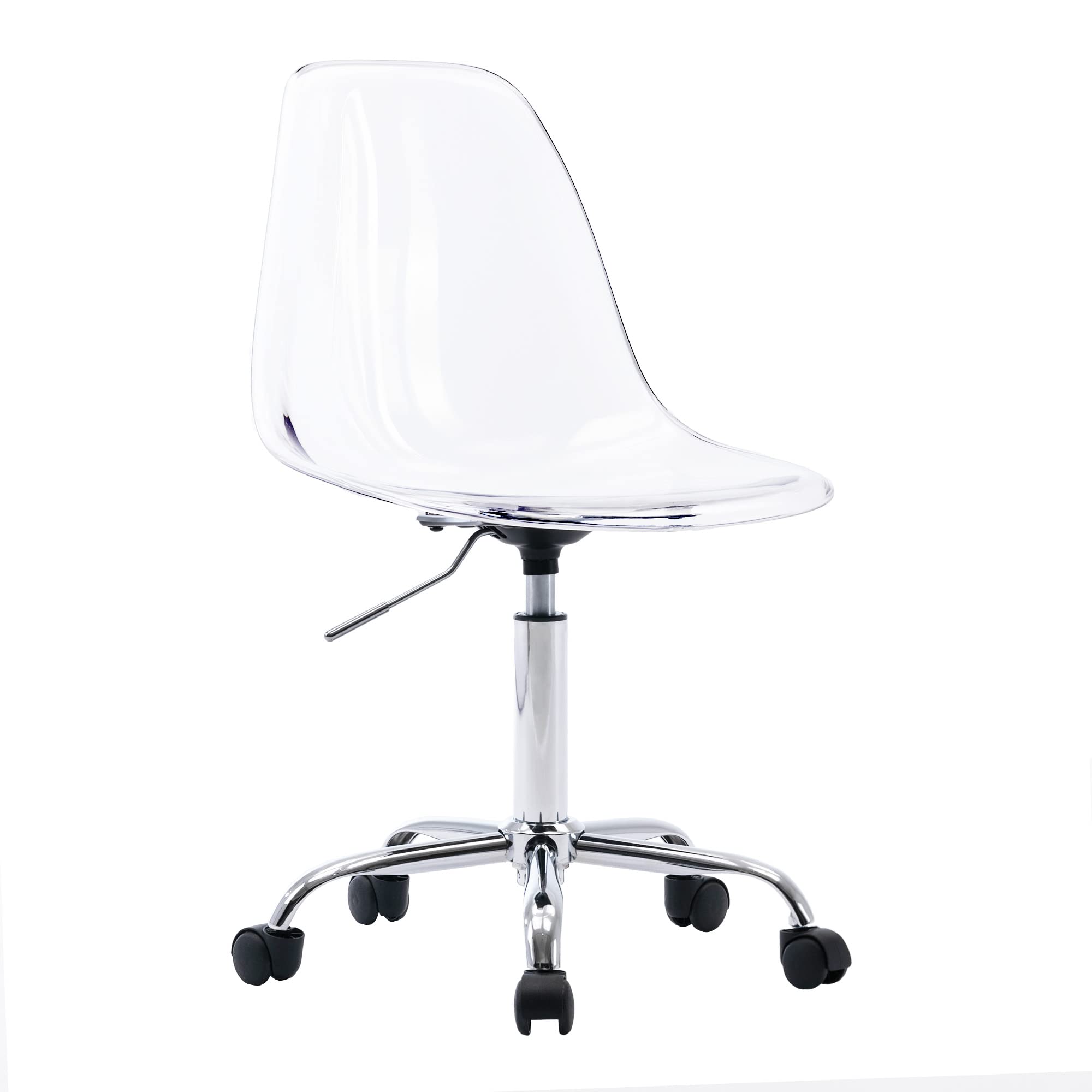 Clear Acrylic Rolling Desk Chair - Armless Swivel Vanity Chair with Adjustable Height & Wheels for Home Office, Dining Room, or Makeup Studio | Modern Ghost Plastic Chair