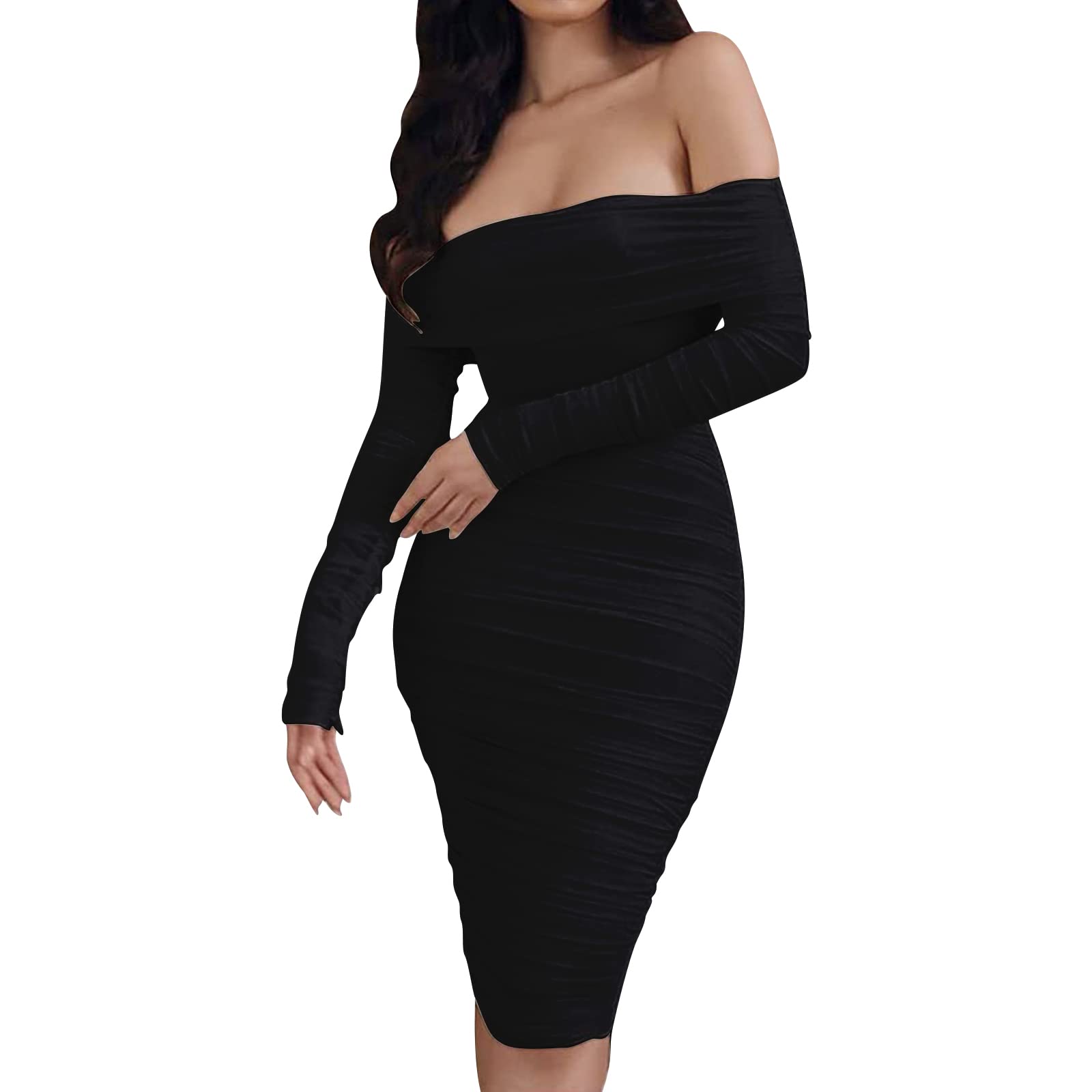 Sexy Off The Shoulder Midi Dress for Women - Long Sleeve Mesh See-Through Bodycon Party Dress | Perfect for Club Nights, Date Nights & Special Occasions
